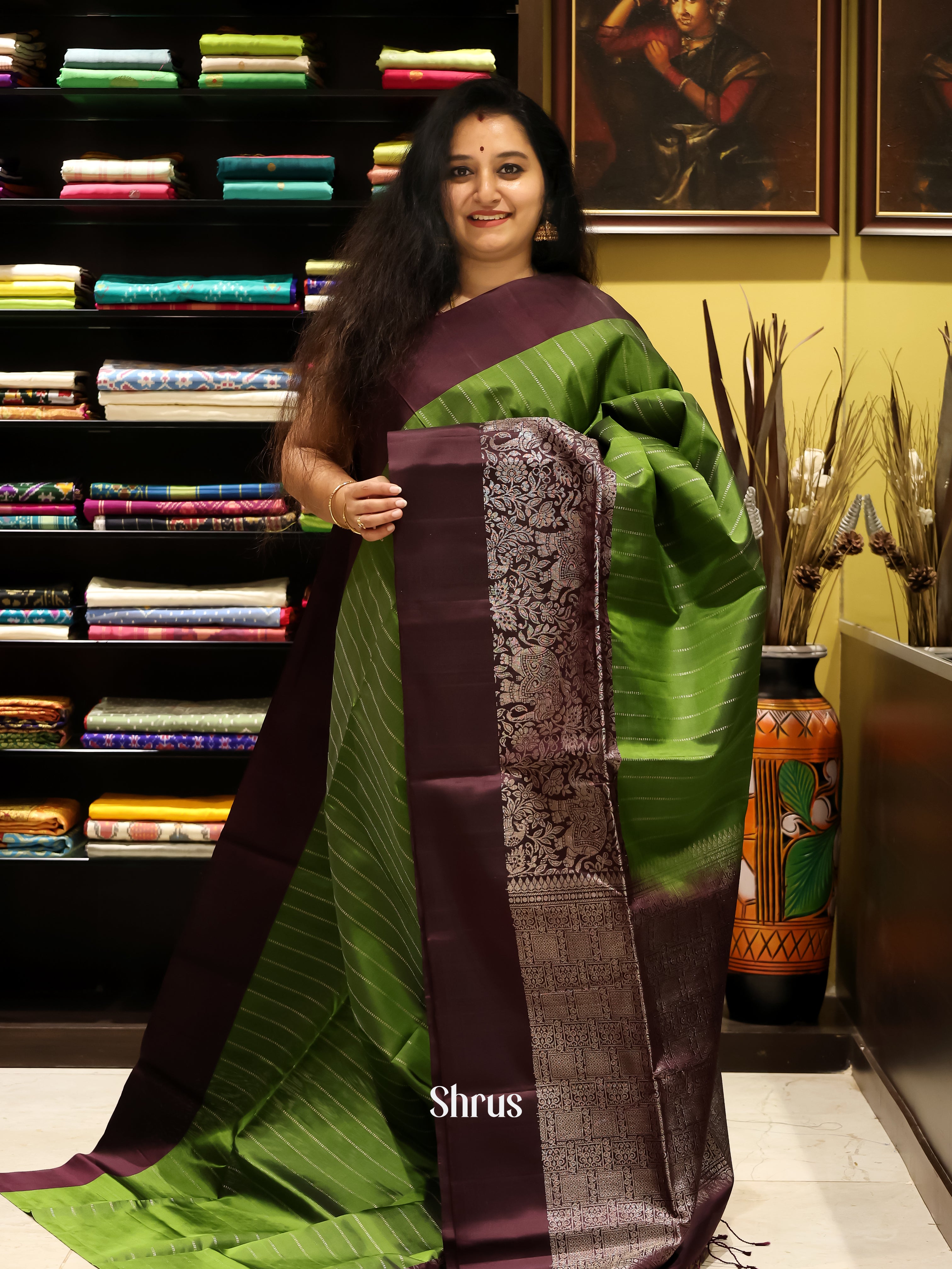Green & Brown - Soft silk Saree - Shop on Shrus.com