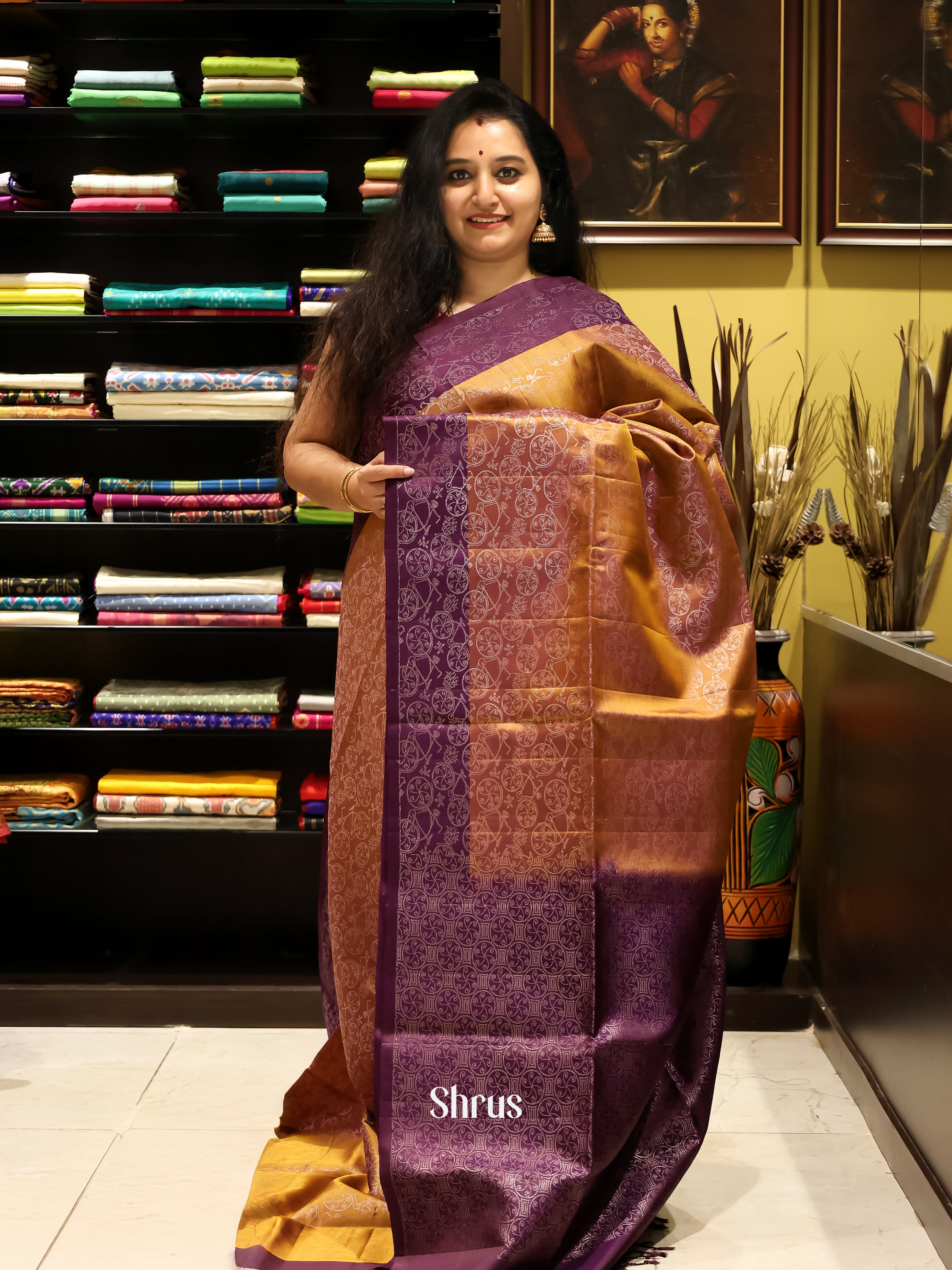 Dark Mustard & Violet - Soft silk Saree - Shop on Shrus.com