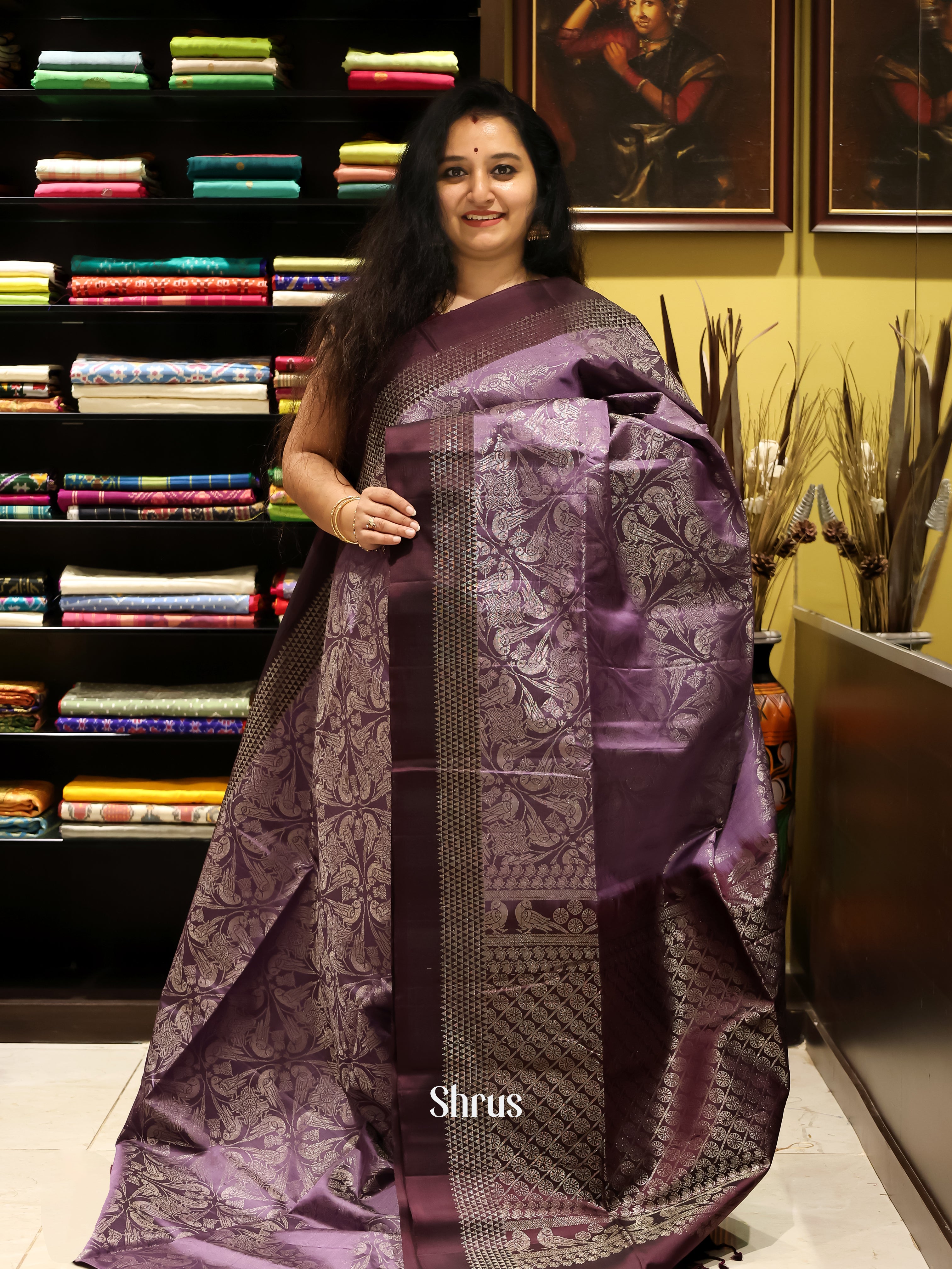 Dark Purple & Brown- Soft silk Saree - Shop on Shrus.com