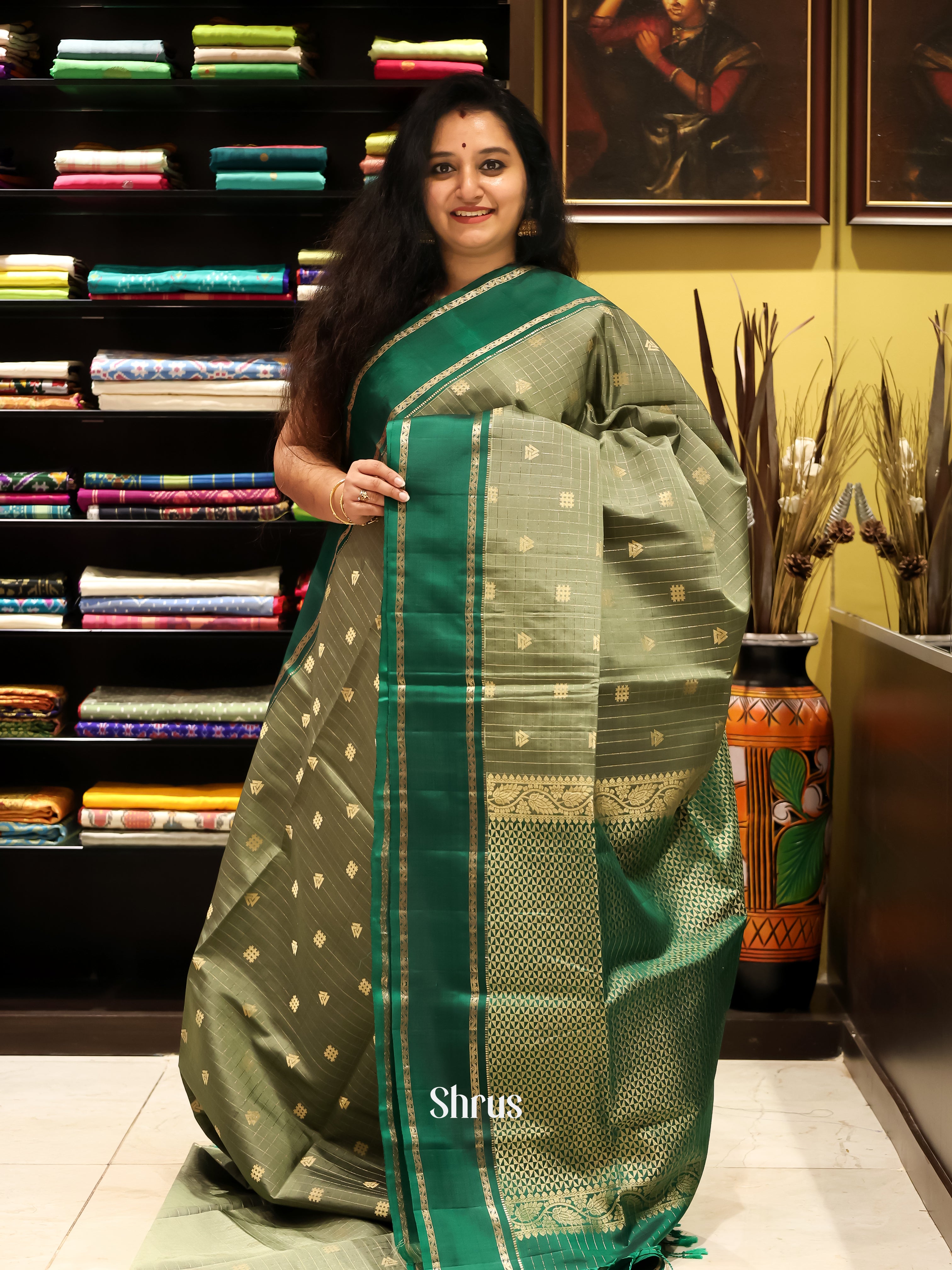 Mint Green & Green- Soft silk Saree - Shop on Shrus.com