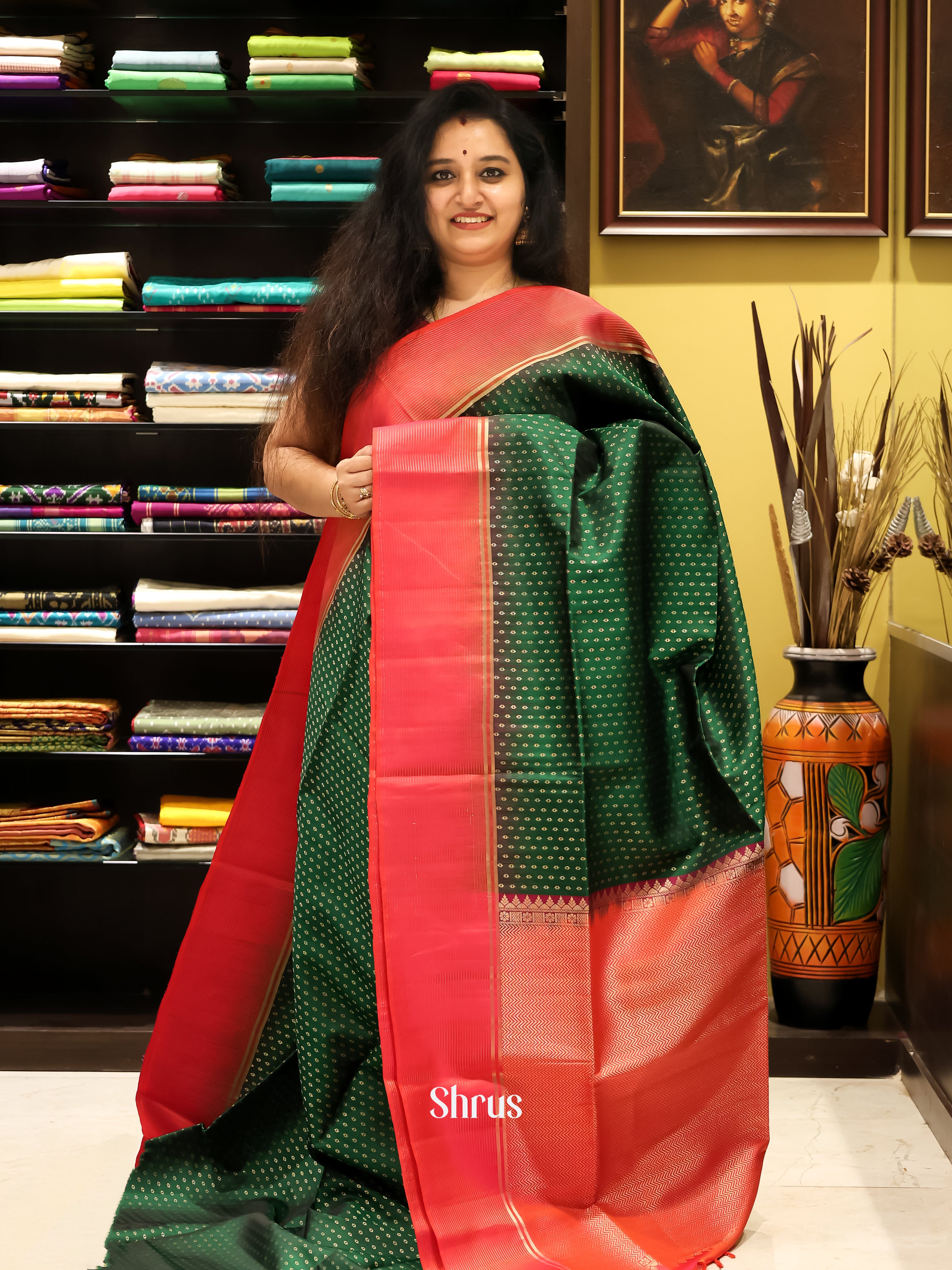 Green & Orangish Pink - Soft silk Saree - Shop on Shrus.com