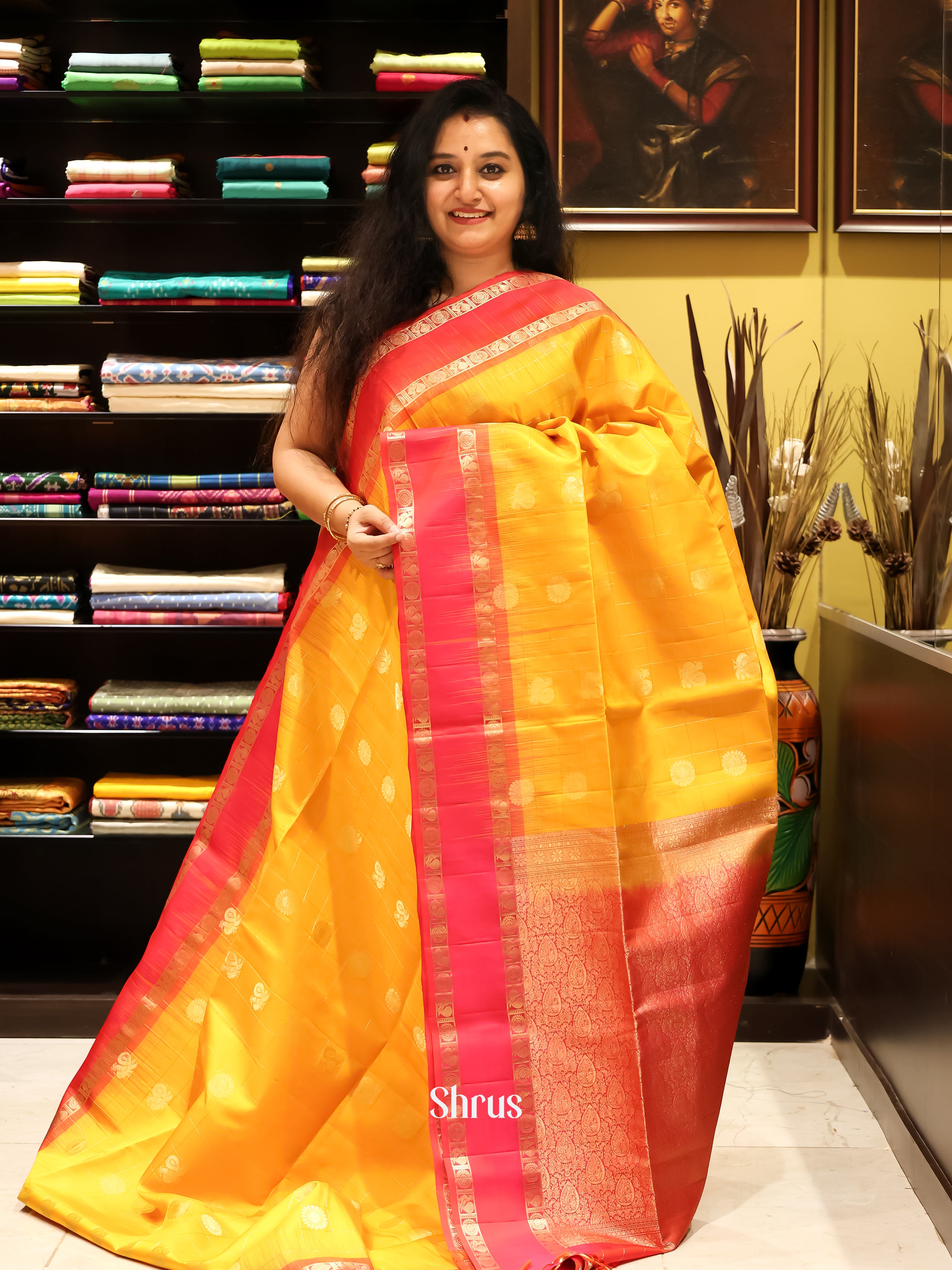 Mustard & Orange- Soft silk Saree - Shop on Shrus.com