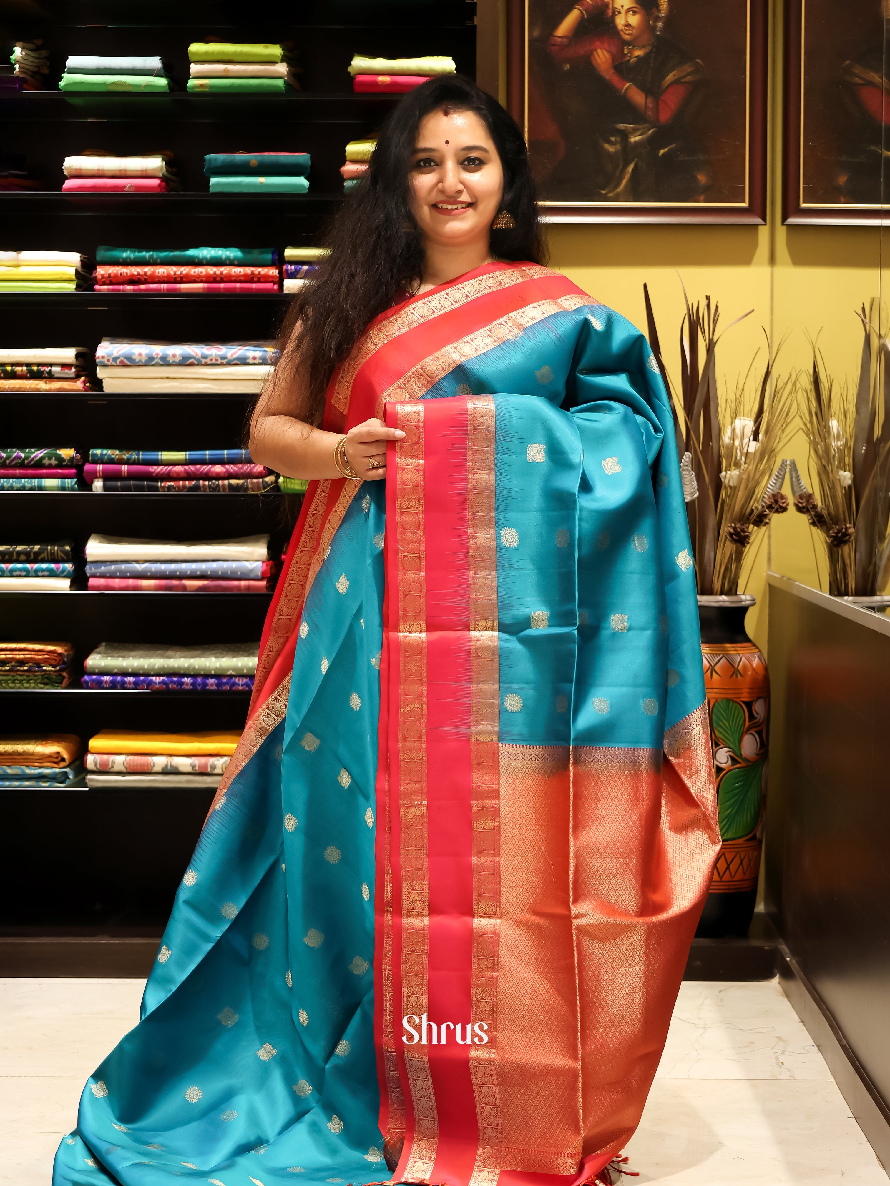 Blue & Orangish Pink - Soft silk Saree - Shop on Shrus.com