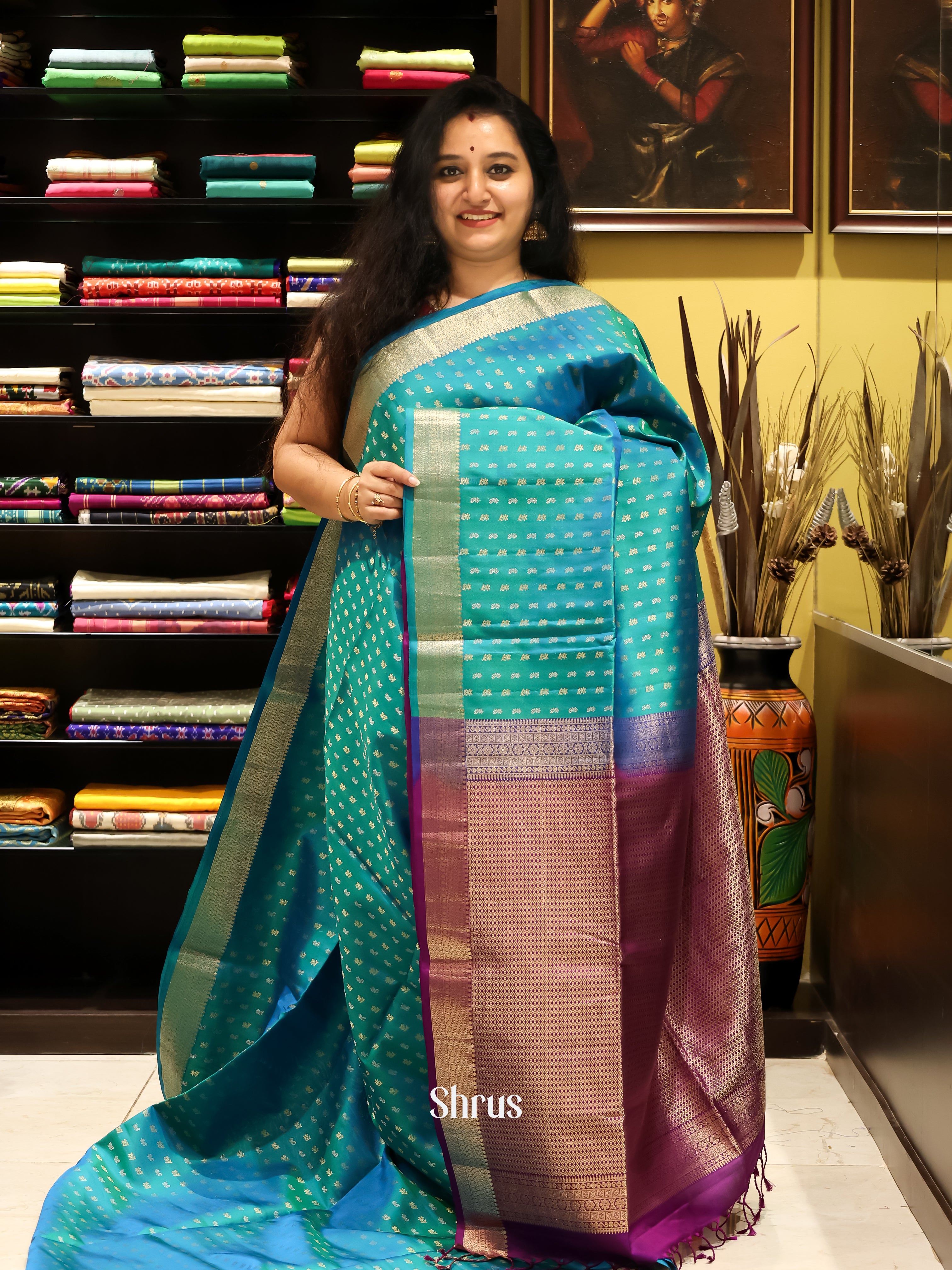 Teal Green & Purple - Soft silk Saree - Shop on Shrus.com