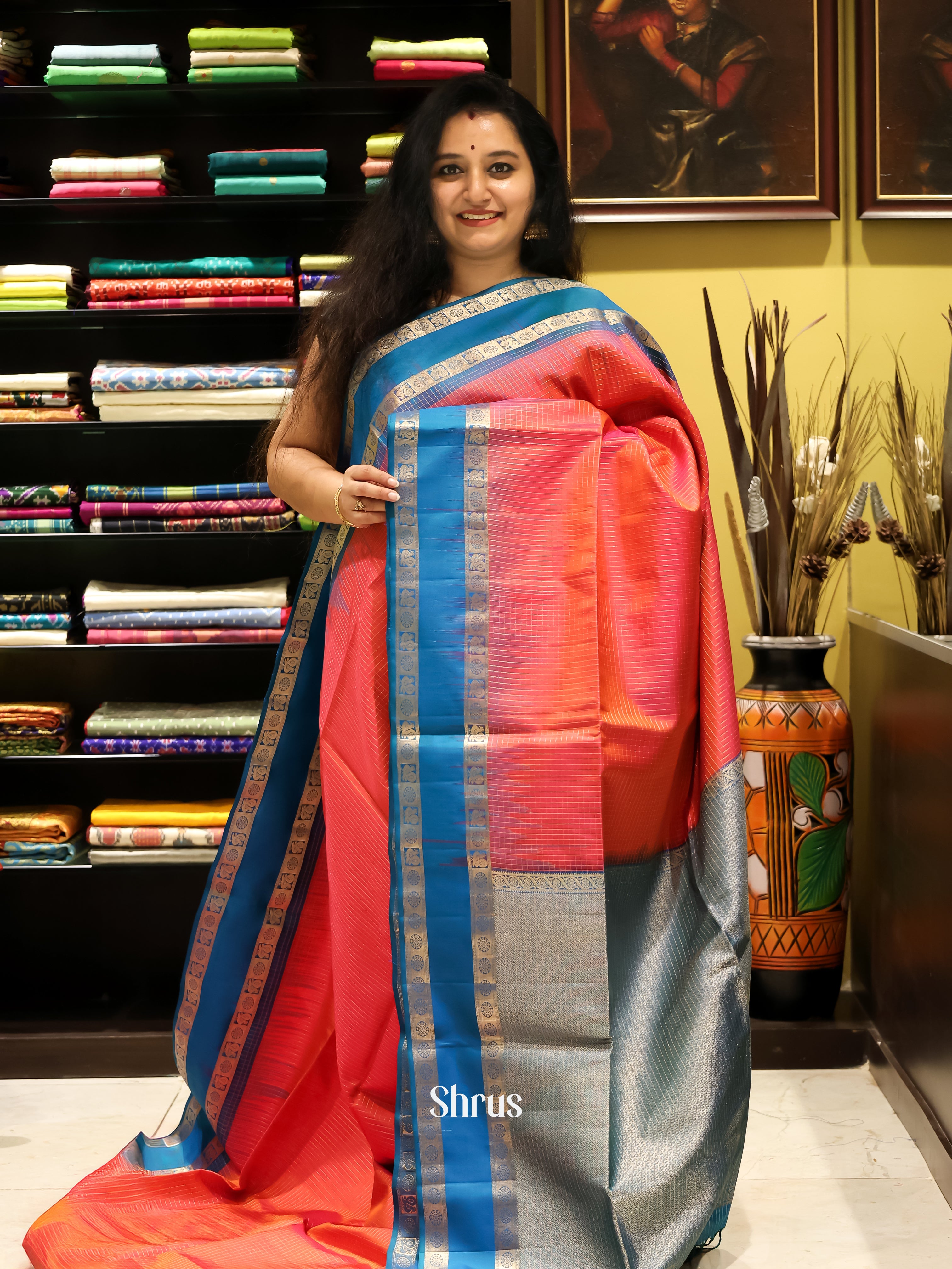 Orangish Pink & Blue - Soft silk Saree - Shop on Shrus.com