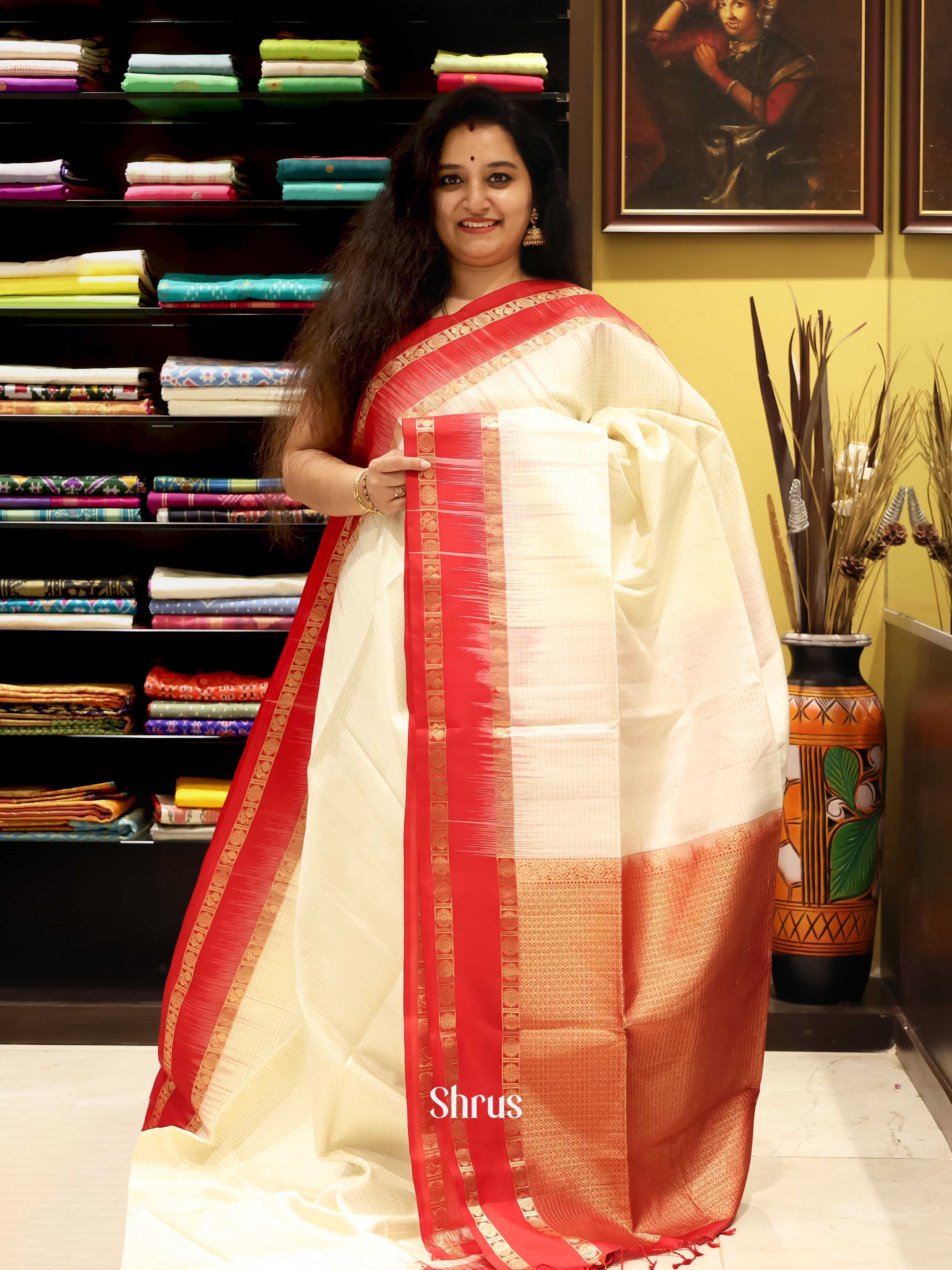 Cream & Red - Soft Silk Saree - Shop on Shrus.com