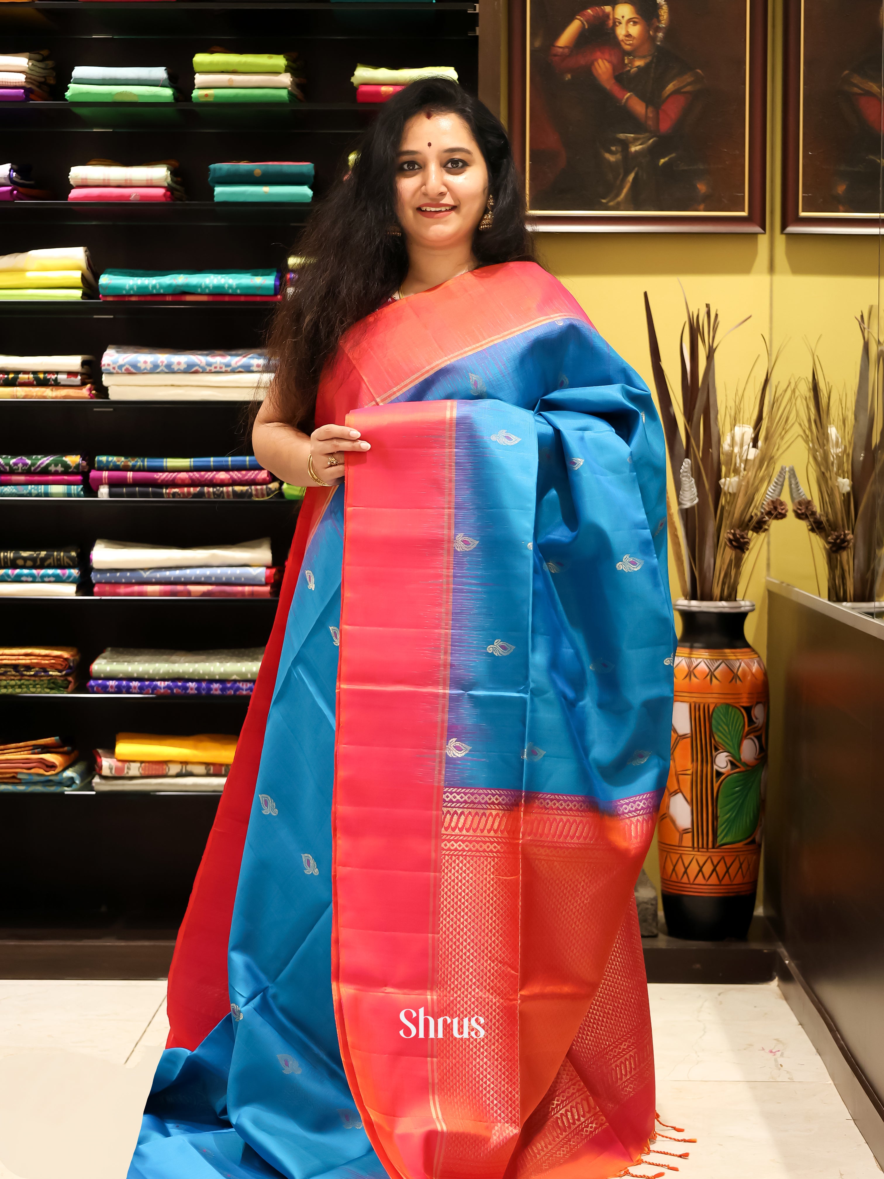 Blue & Orangish Pink - Soft silk Saree - Shop on Shrus.com