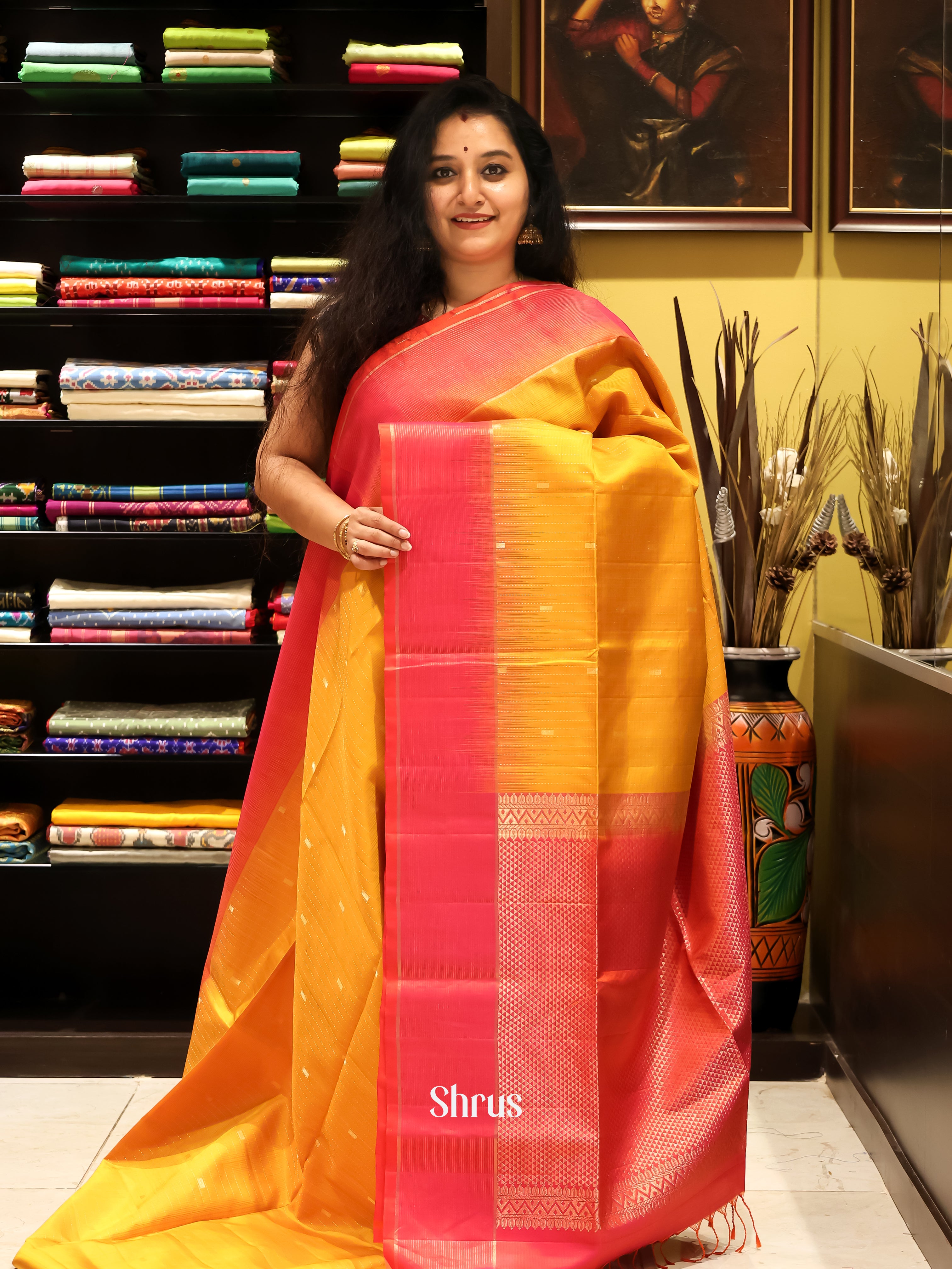 Mustard & Orangish Pink - Soft silk Saree - Shop on Shrus.com