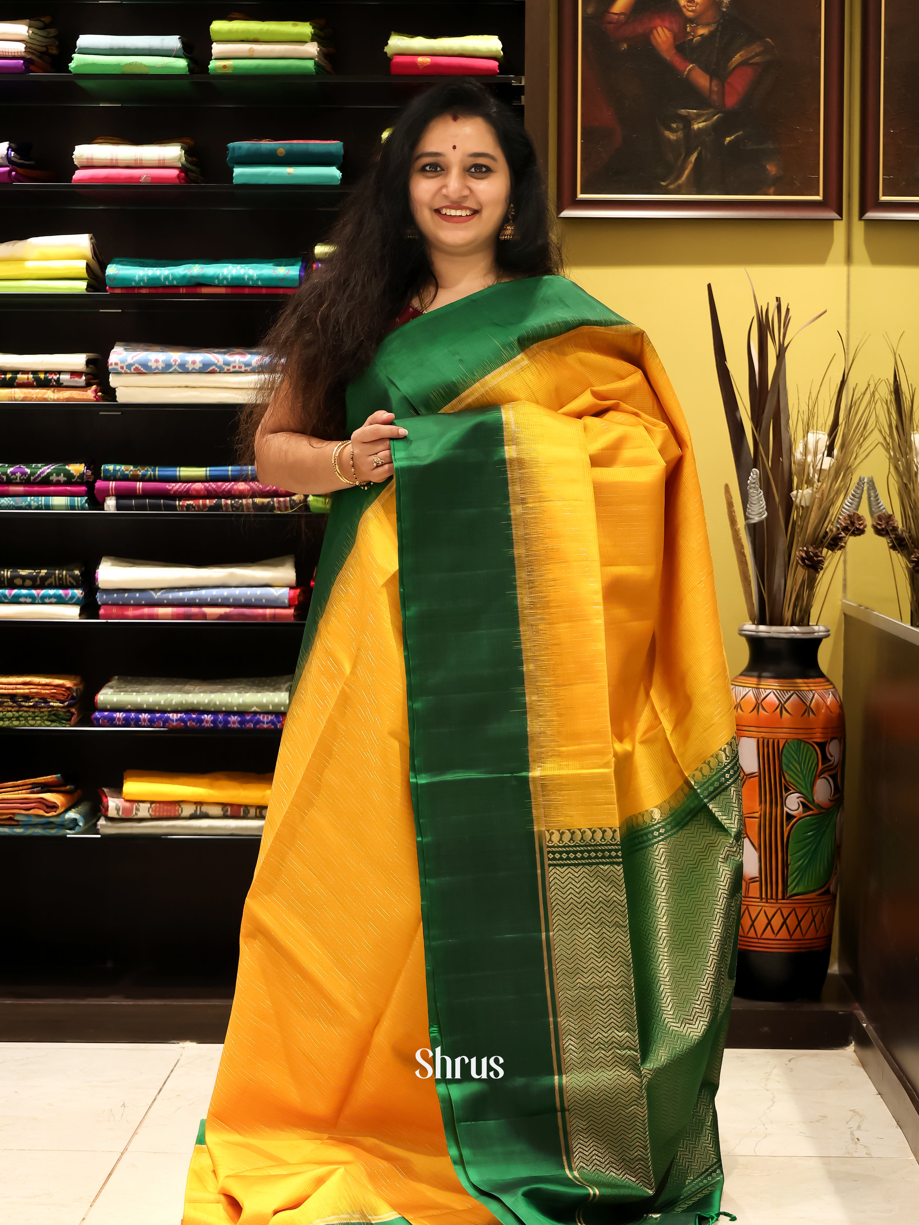 Yellow & Green - Soft silk Saree - Shop on Shrus.com