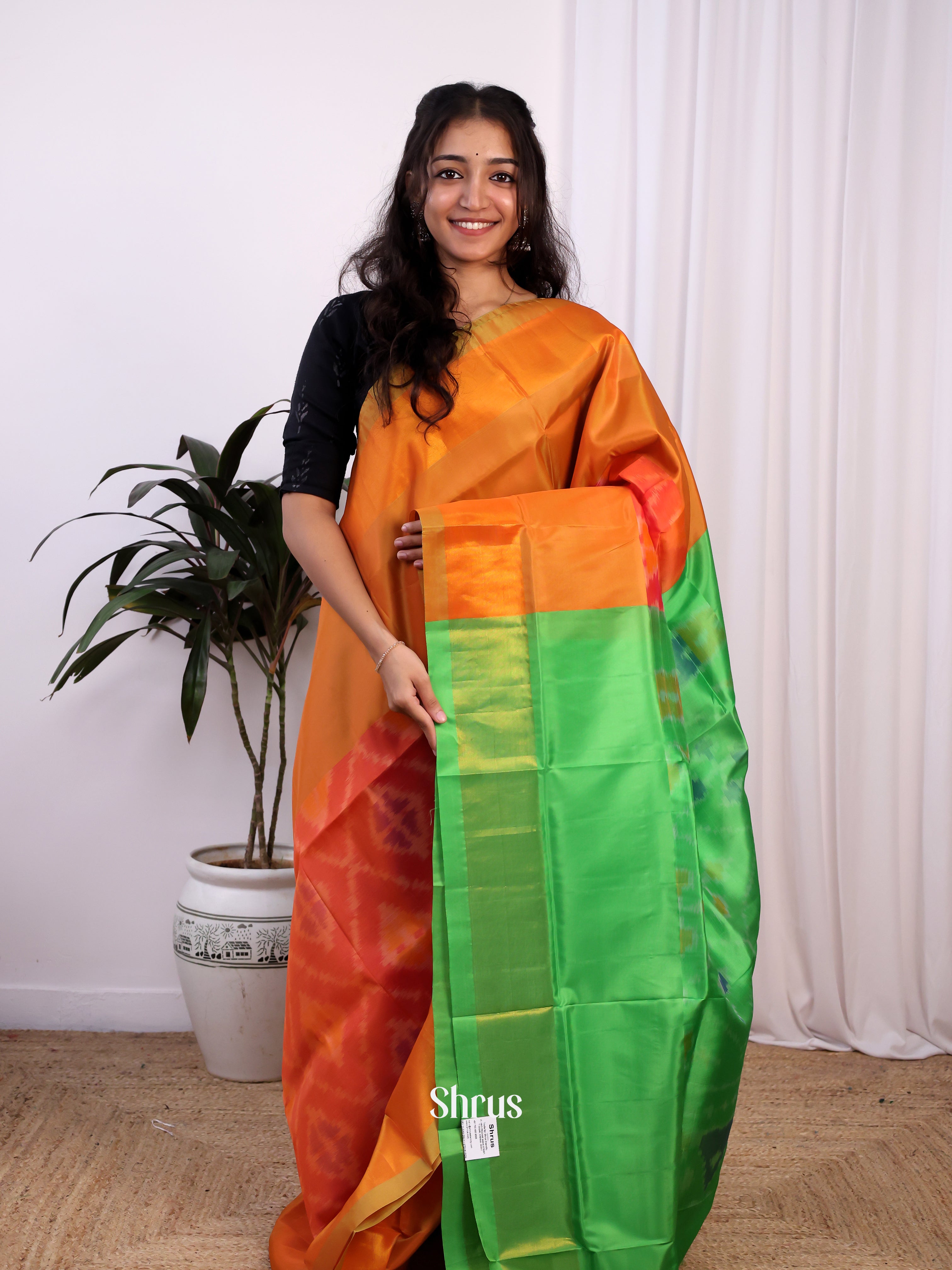 Orange & Green - Semi uppada Saree - Shop on Shrus.com