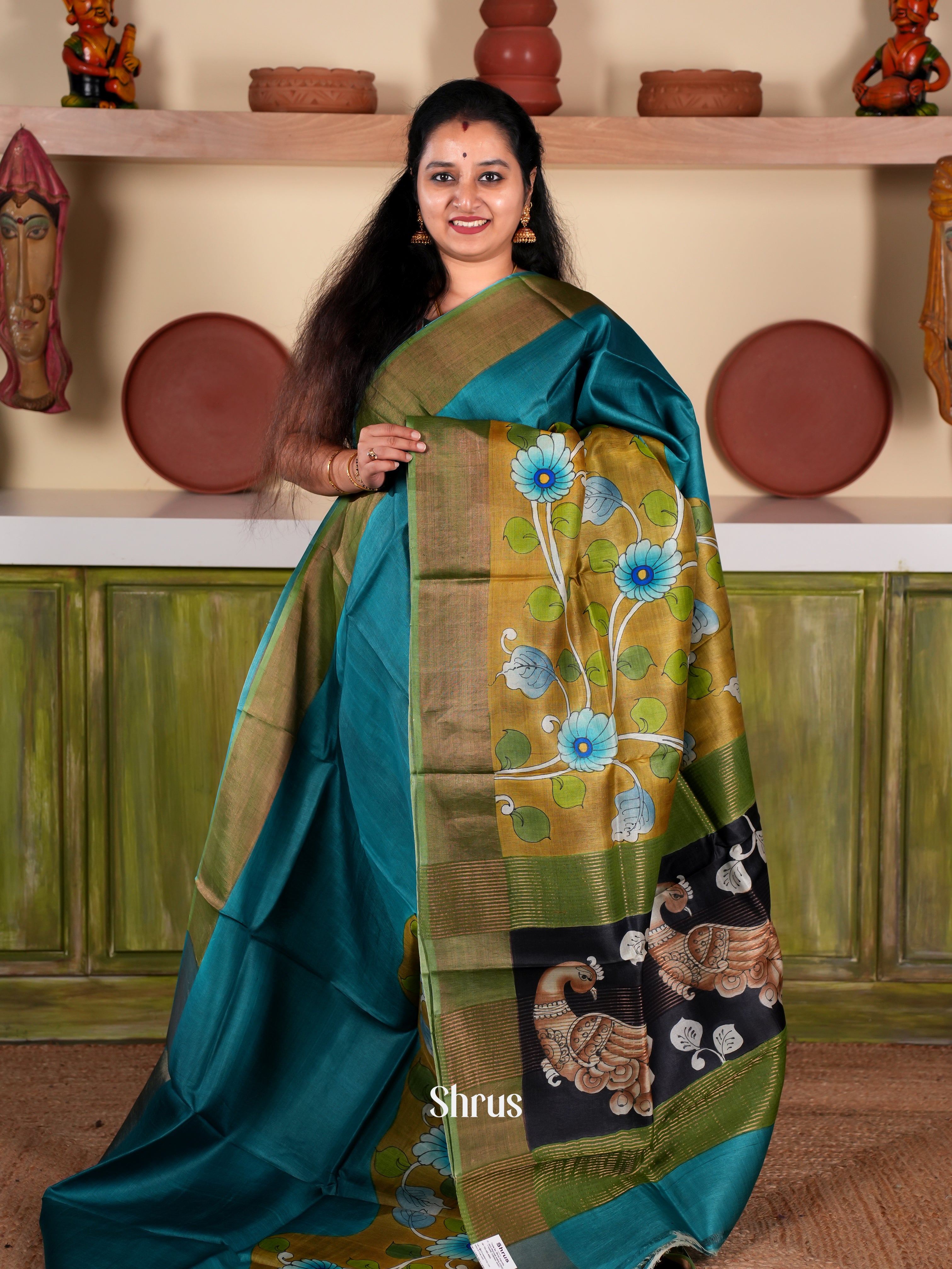 Blue & Green - Tussar Saree - Shop on Shrus.com