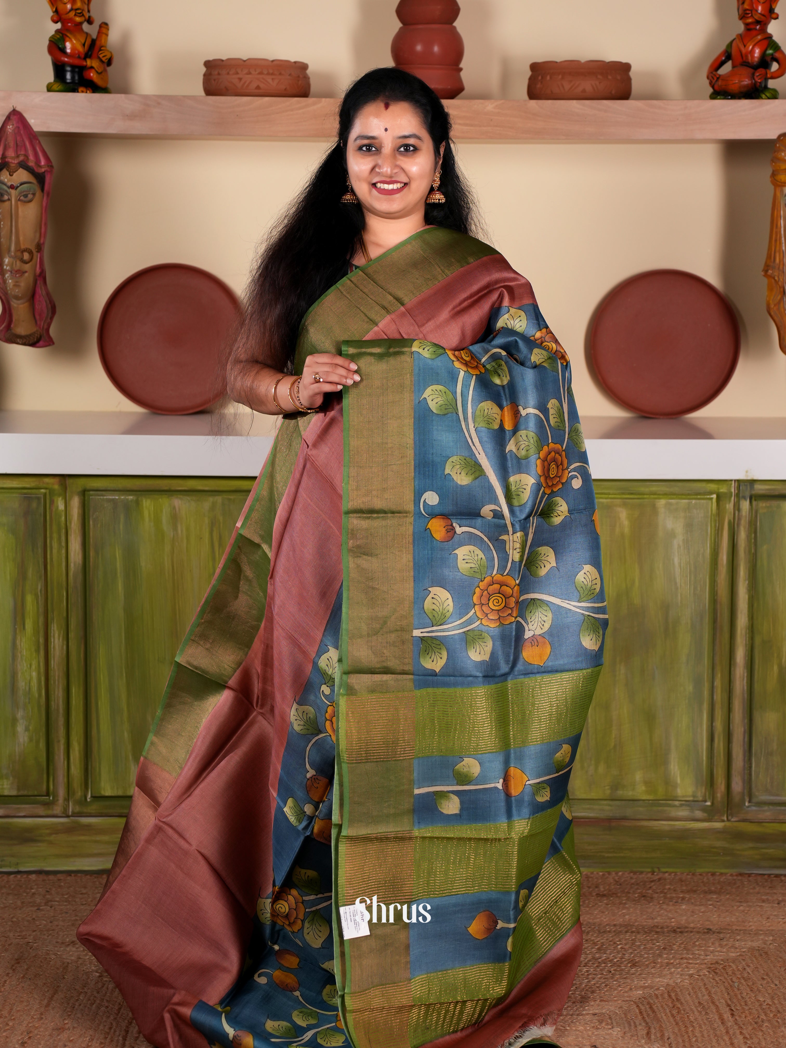 Brown & Blue - Tussar Saree - Shop on Shrus.com