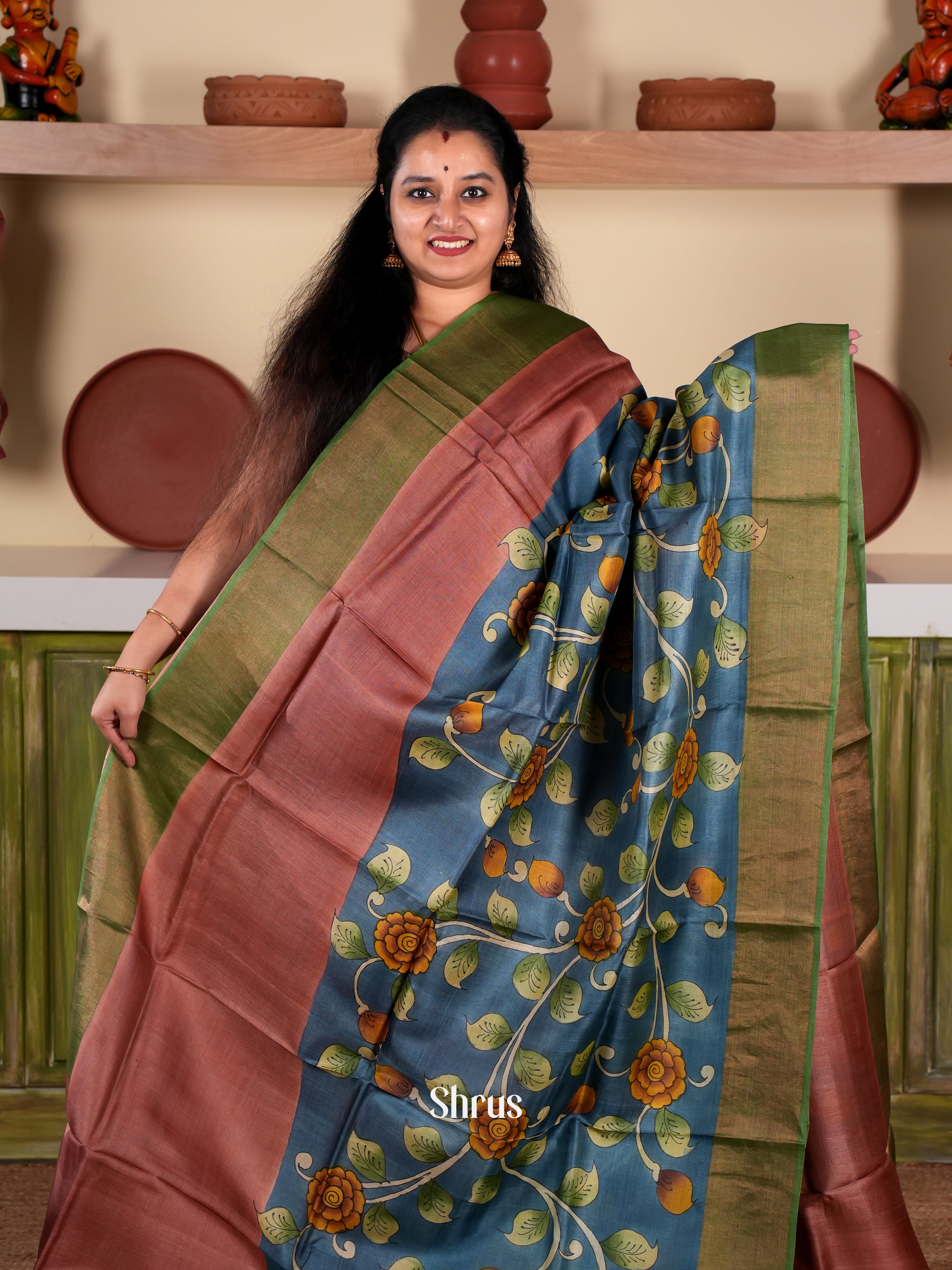 Brown & Blue - Tussar Saree - Shop on Shrus.com