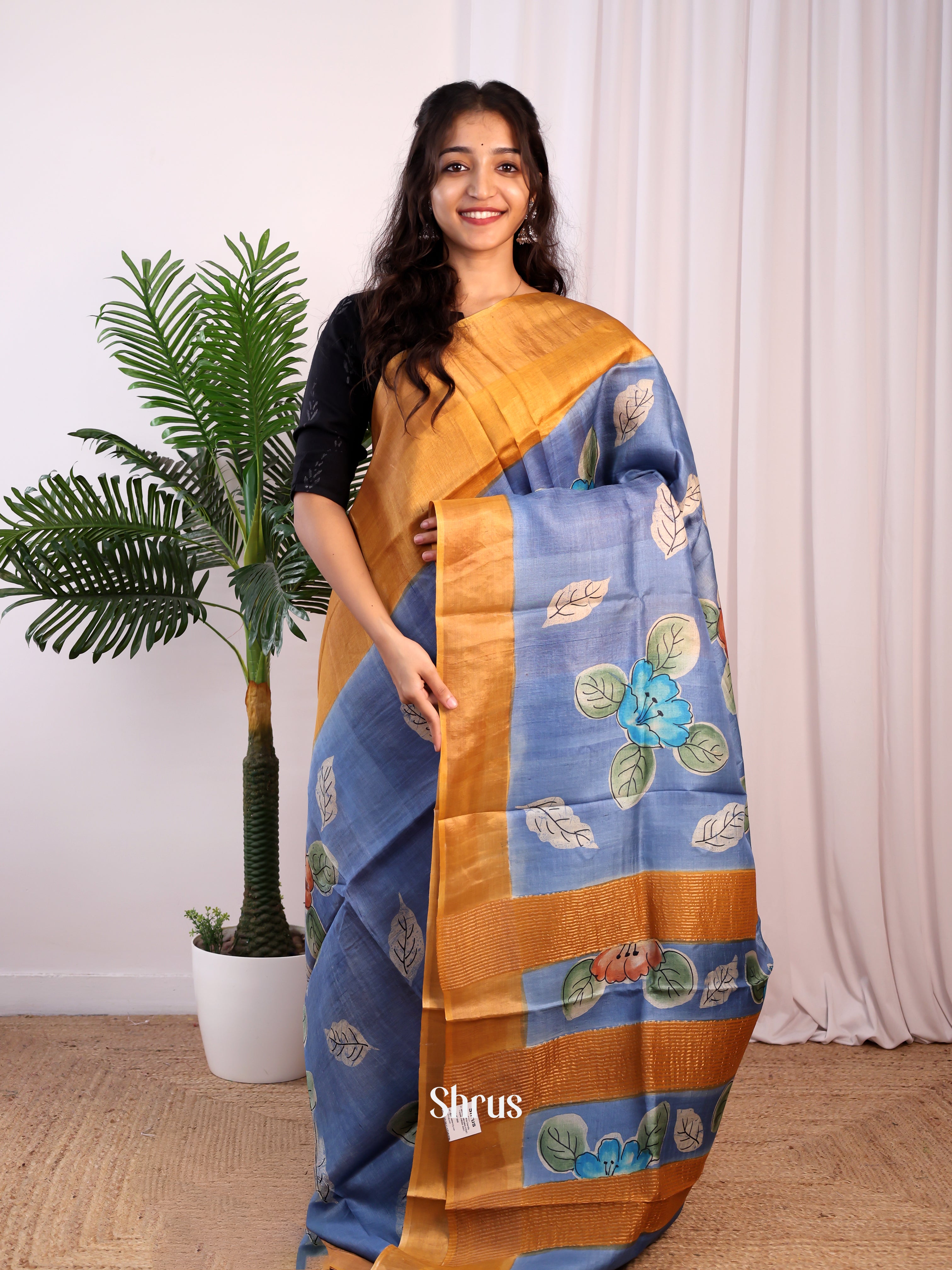 Blue & Mustard - Tussar Saree - Shop on Shrus.com