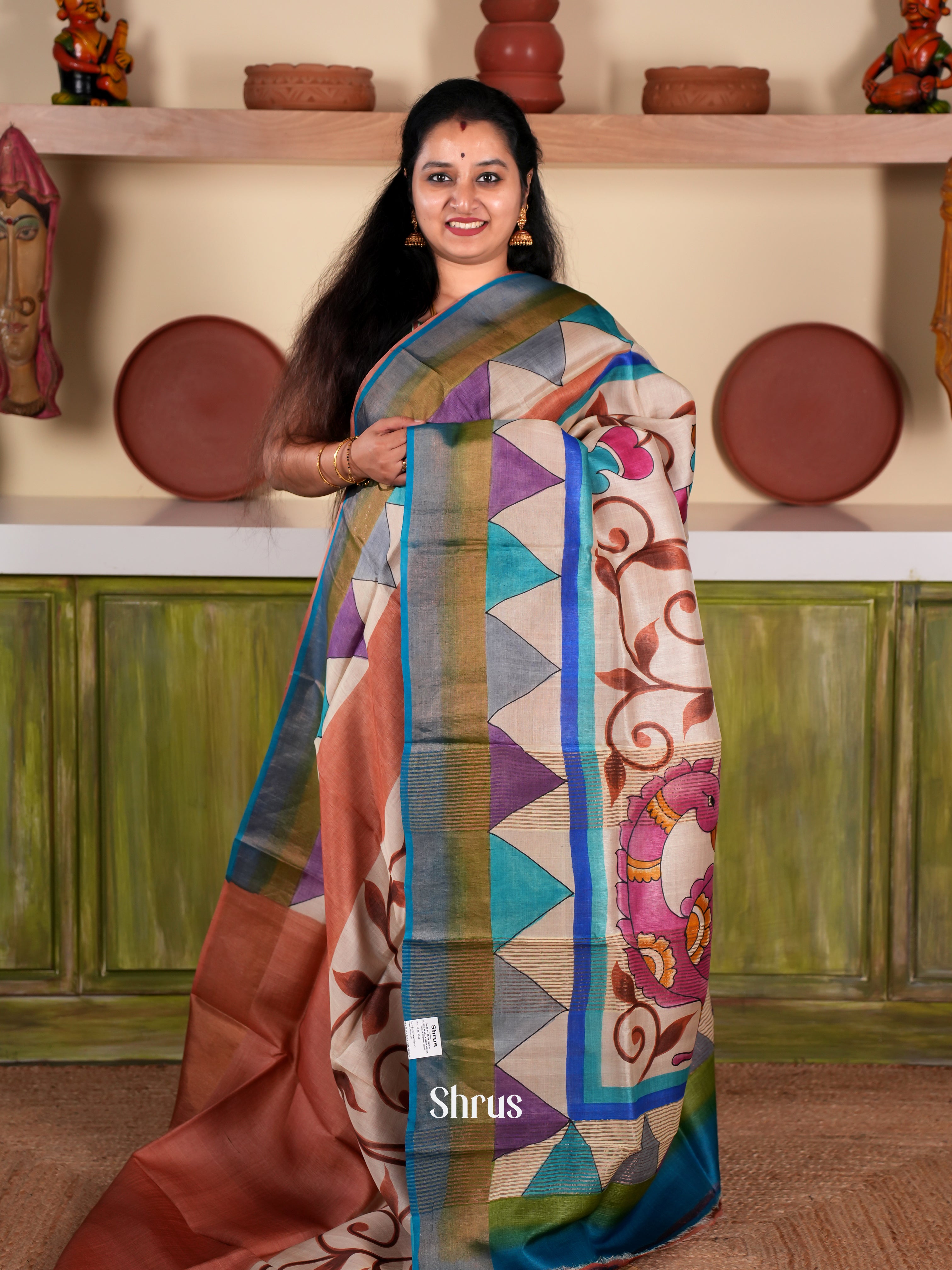 Brown & Blue - Tussar Saree - Shop on Shrus.com