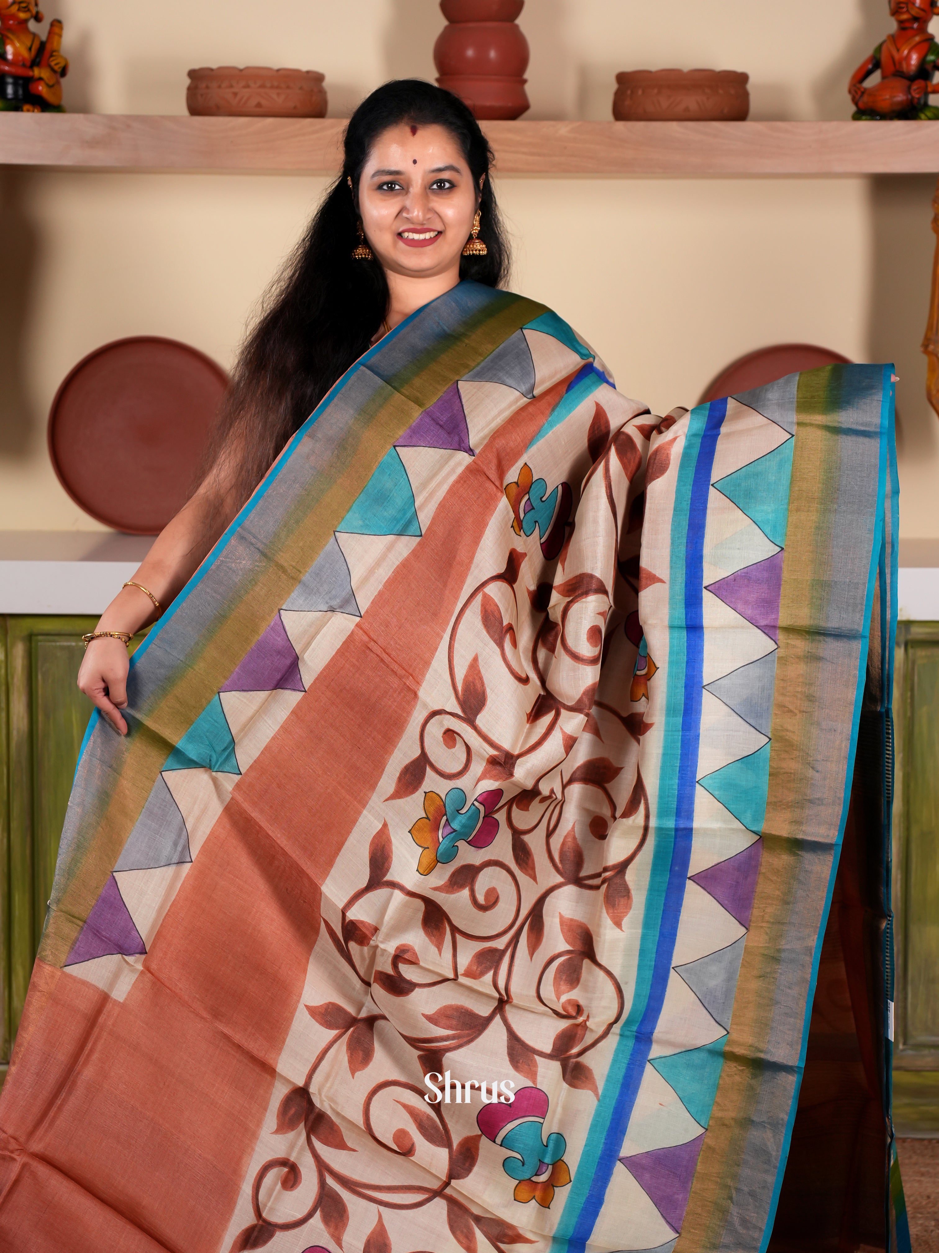 Brown & Blue - Tussar Saree - Shop on Shrus.com