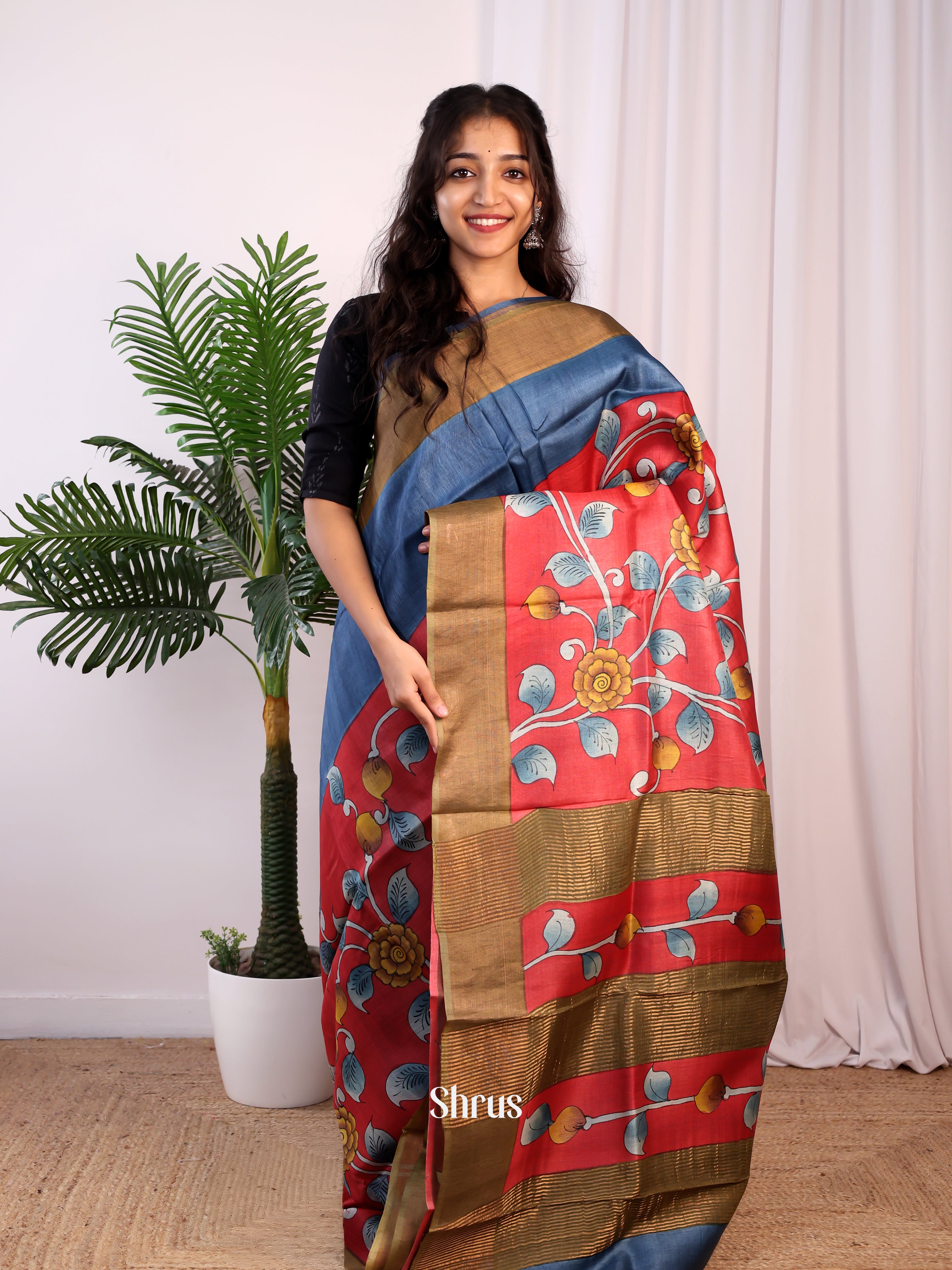 Red & Blue - Tussar Saree - Shop on Shrus.com
