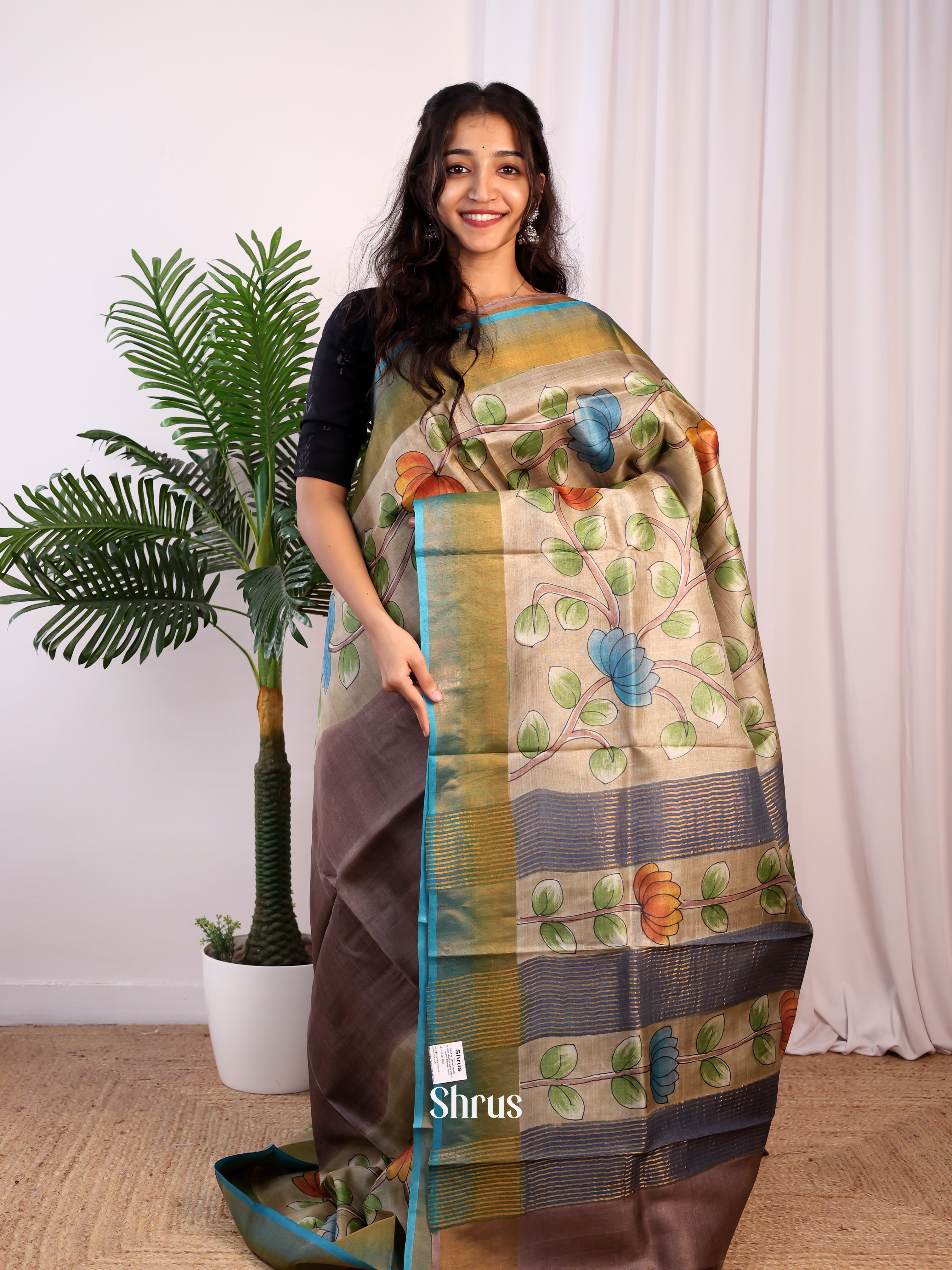 Brown & Blue- Tussar Saree - Shop on Shrus.com