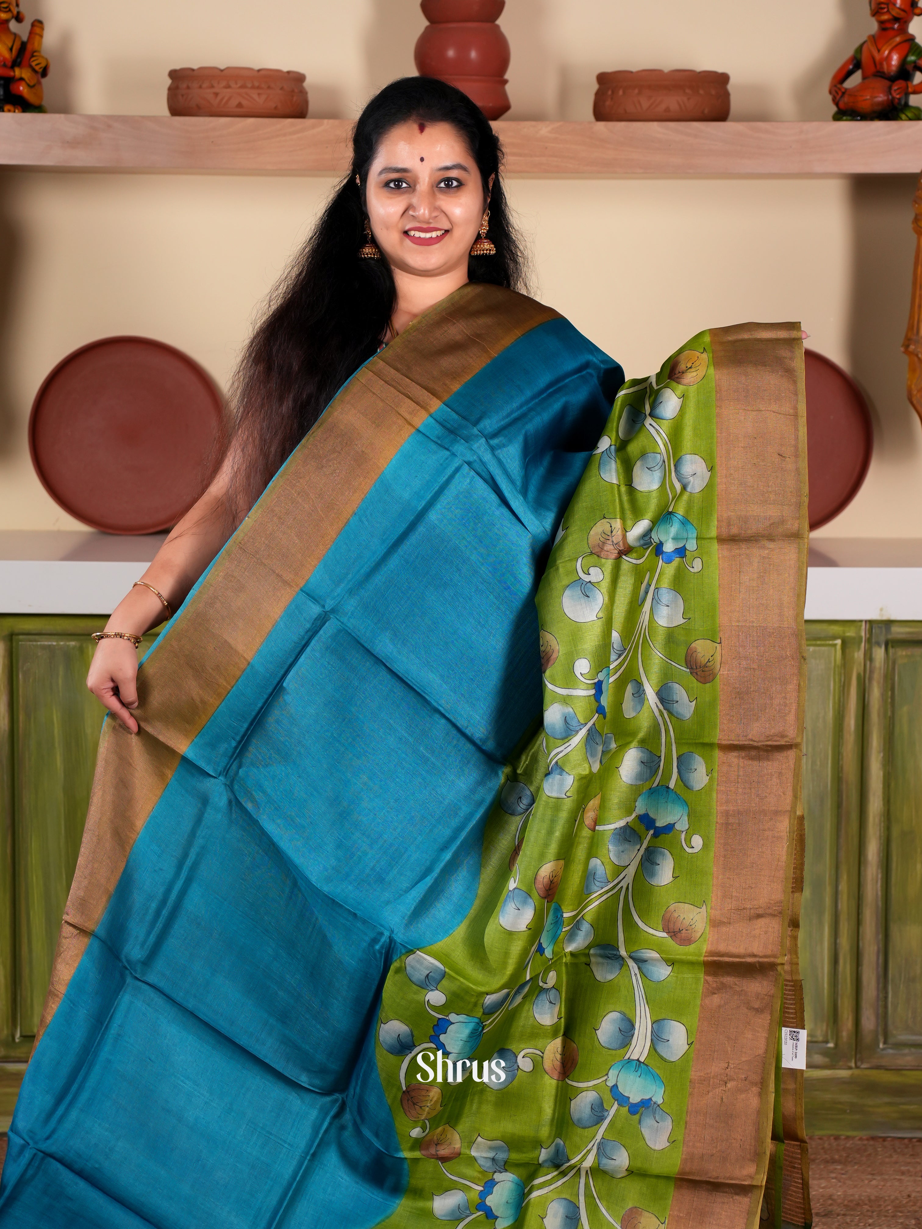 Blue & Green- Tussar Saree - Shop on Shrus.com