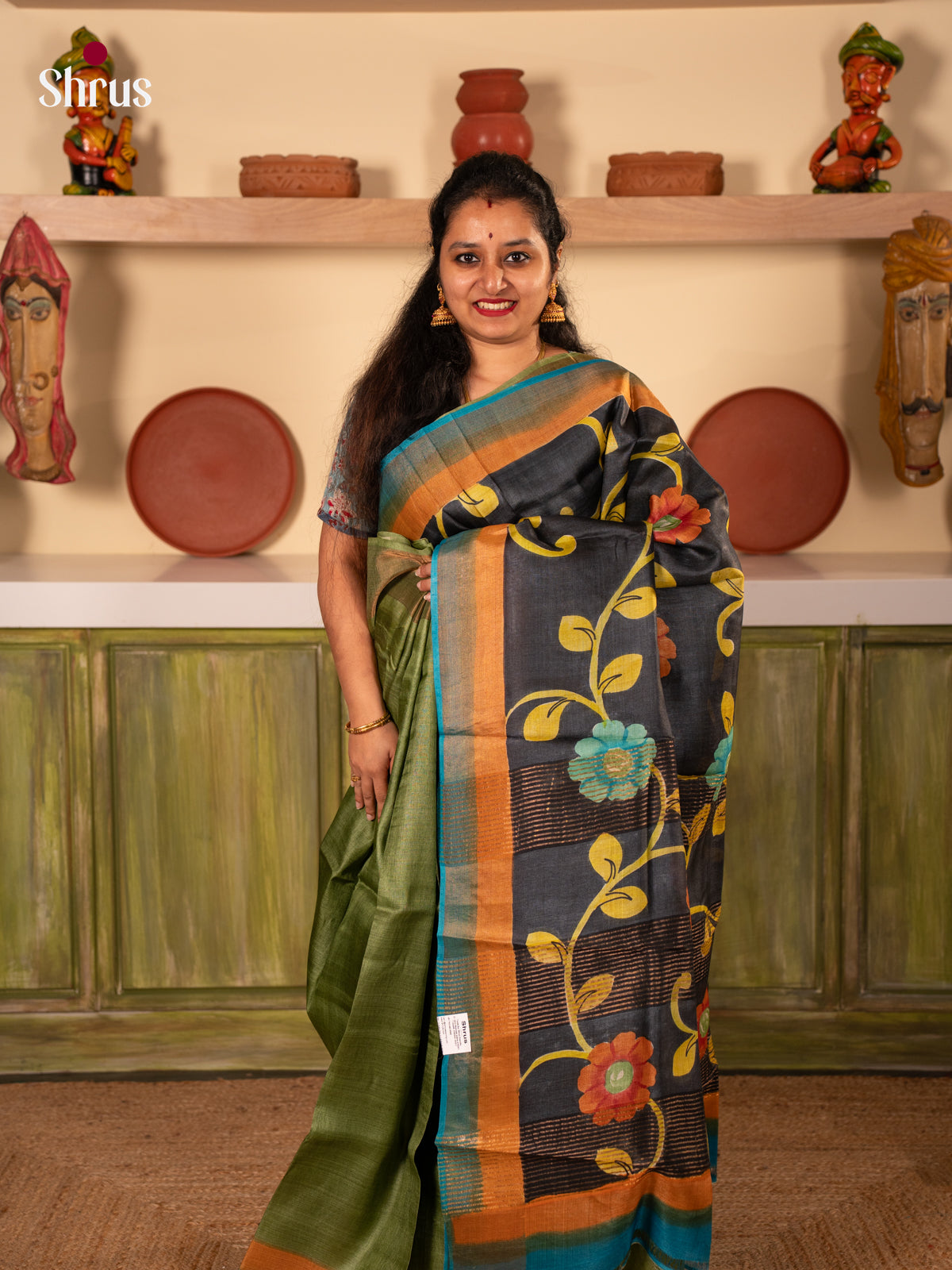 Green & Black- Tussar Saree - Shop on Shrus.com