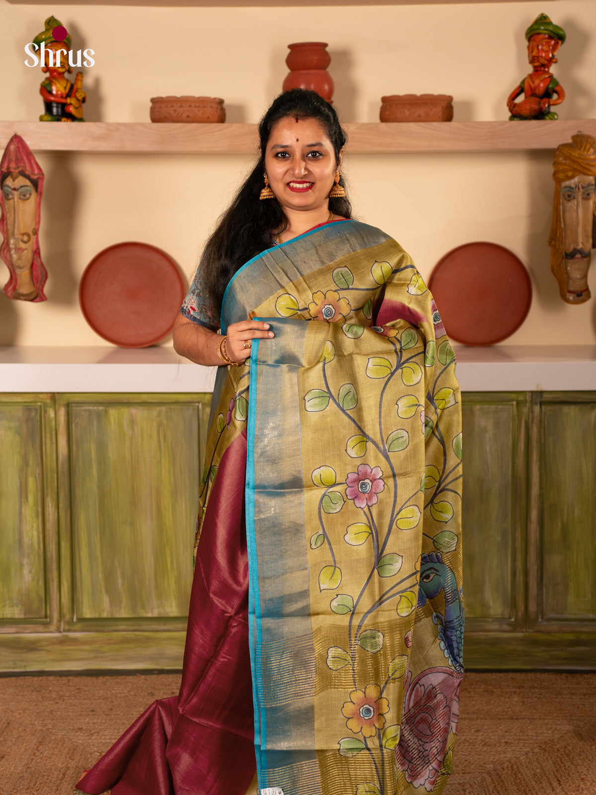 Maroon & Green - Tussar Saree - Shop on Shrus.com