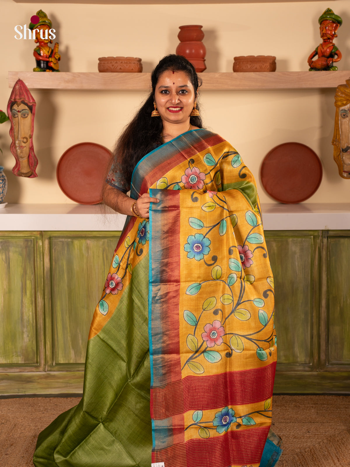 Green & Mustard- Tussar Saree - Shop on Shrus.com