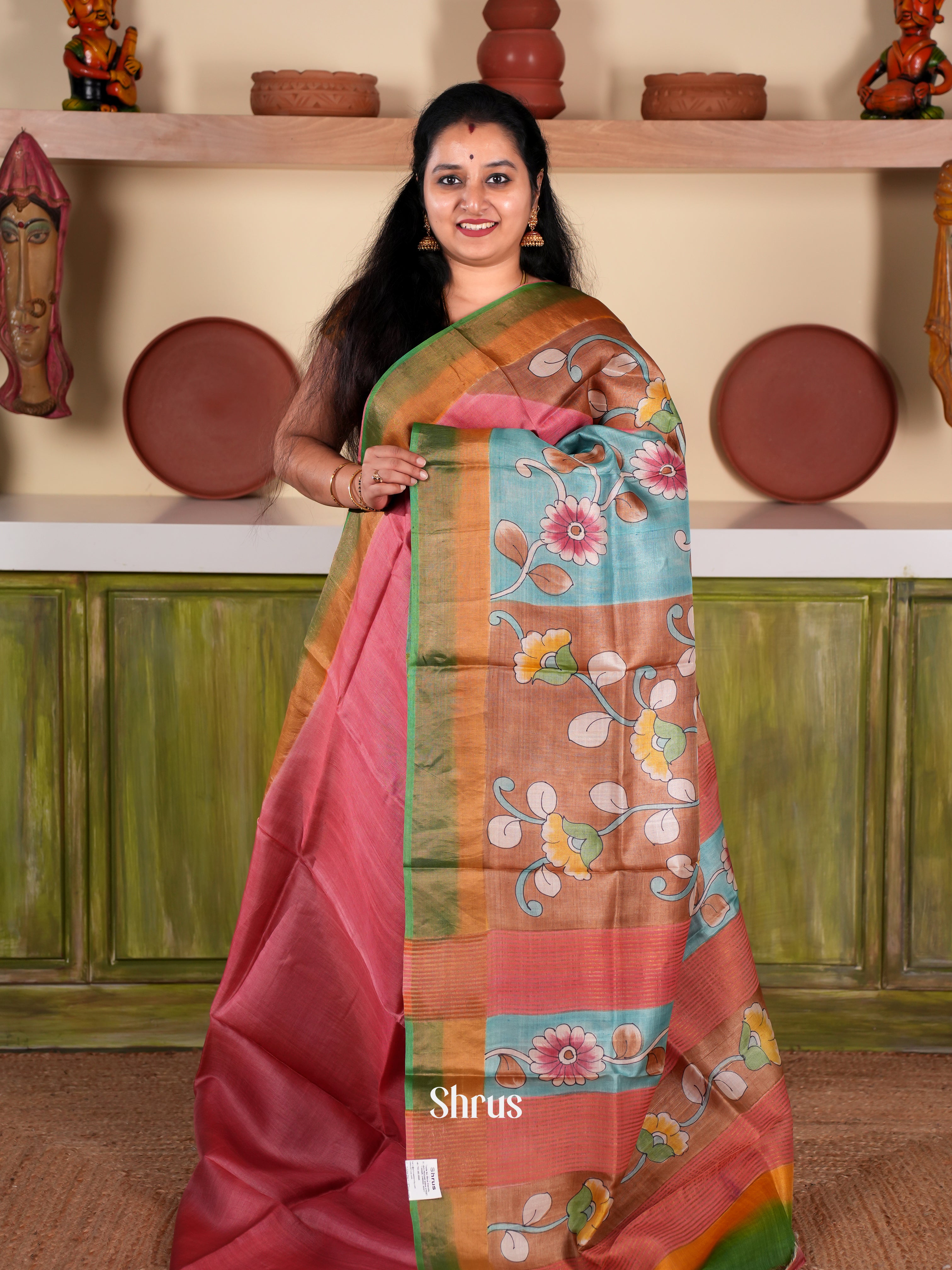 Onion Pink & Blue - Tussar Saree - Shop on Shrus.com