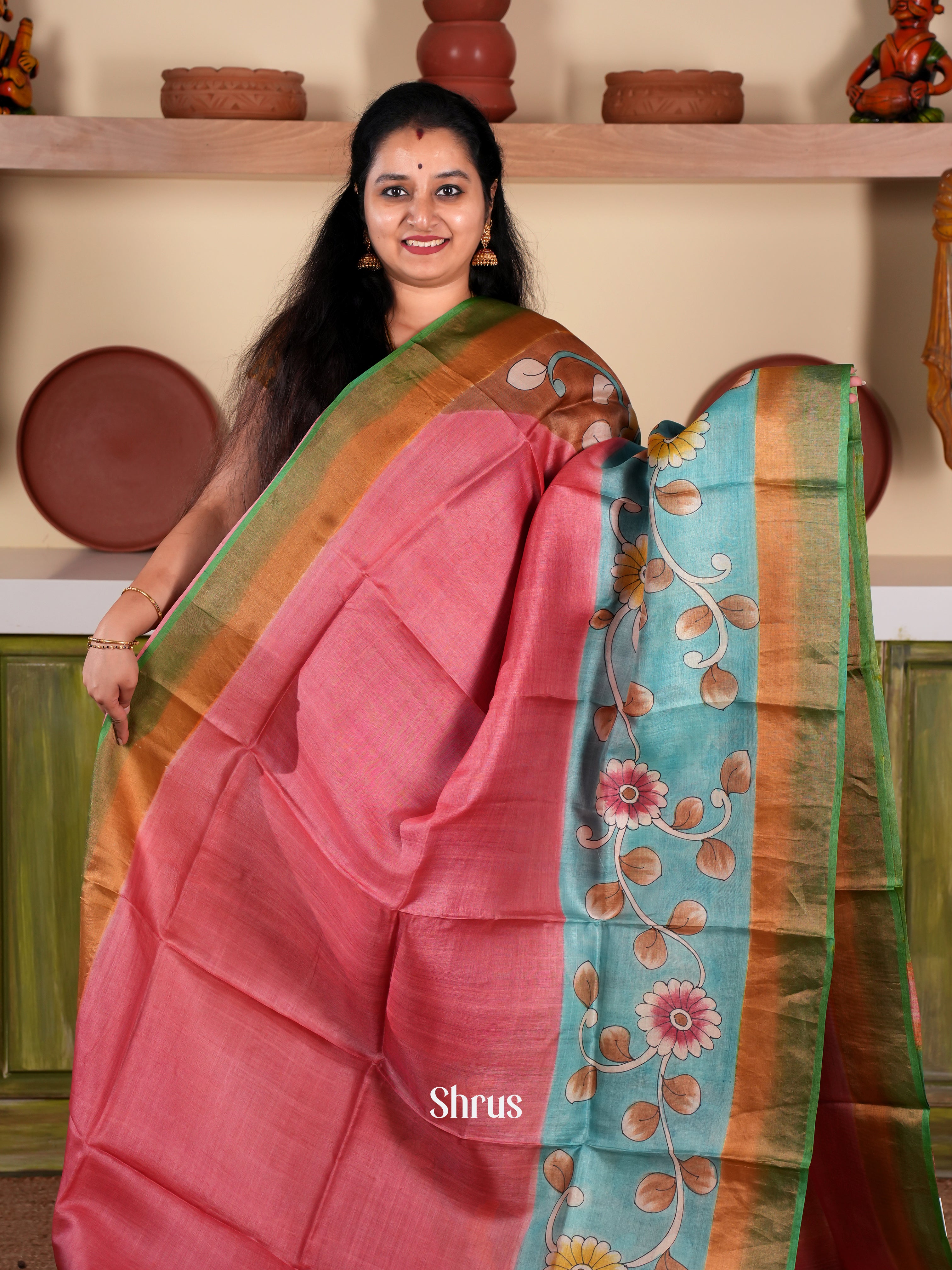 Onion Pink & Blue - Tussar Saree - Shop on Shrus.com