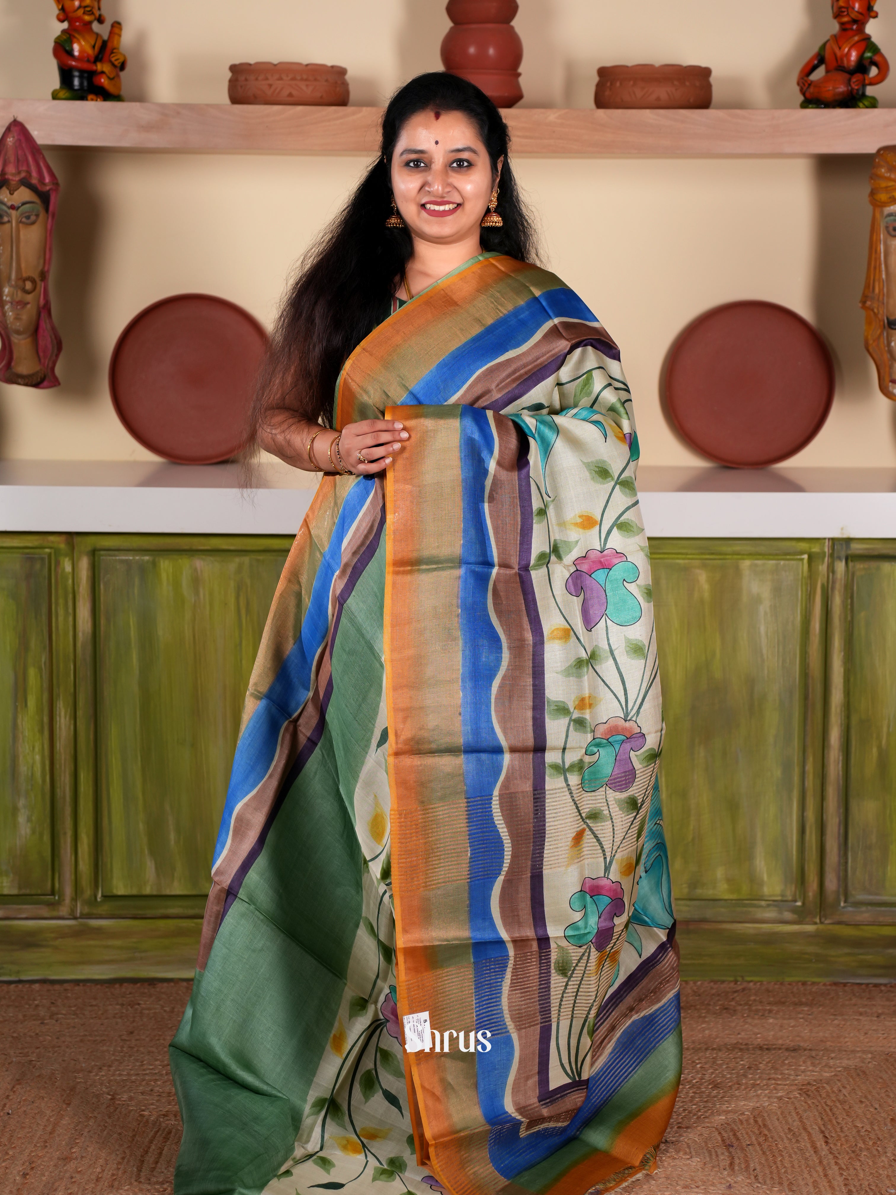 Green & Cream designed - Tussar Saree
