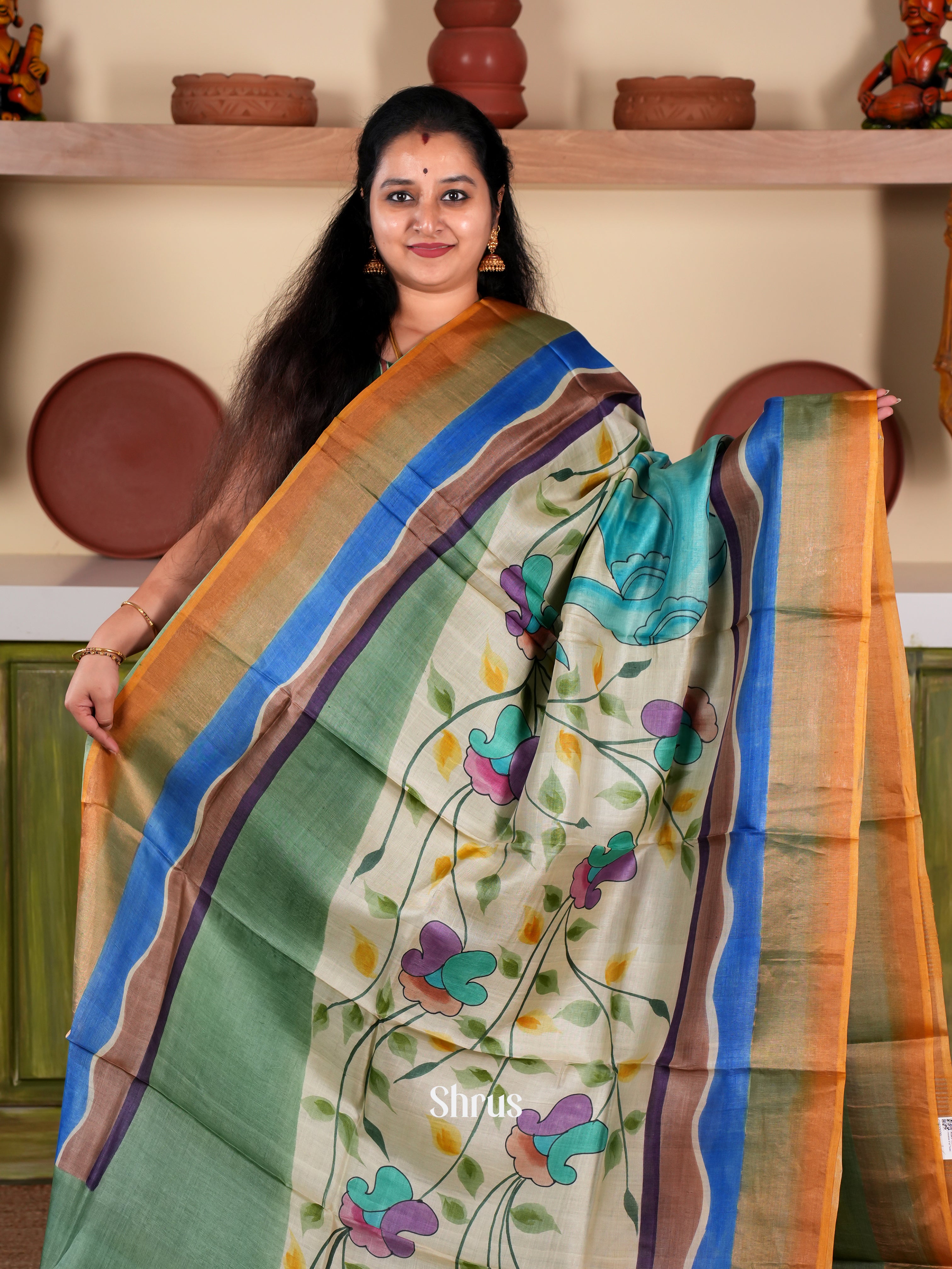 Stunning Green & Cream Tussar Silk Saree with Contrast Mustard Zari Border - Shop on Shrus.com