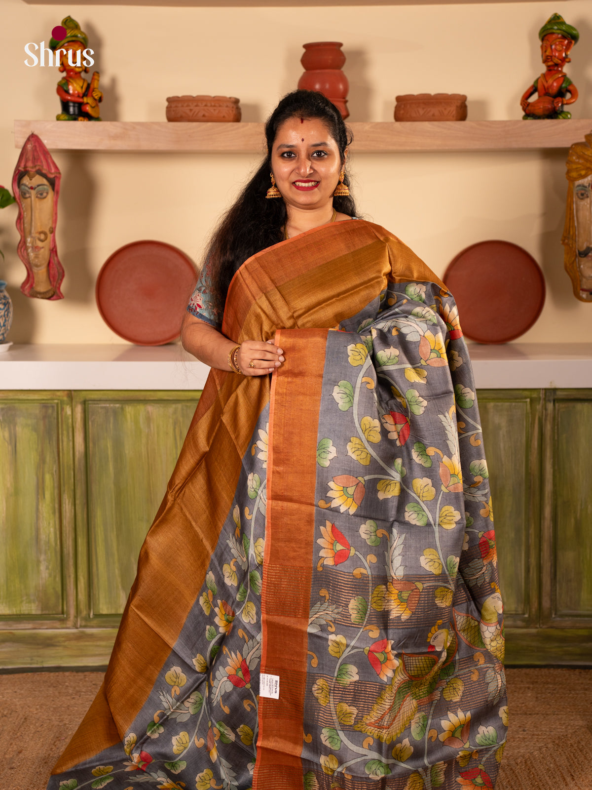 Dark Mustard & Grey - Tussar Saree - Shop on Shrus.com