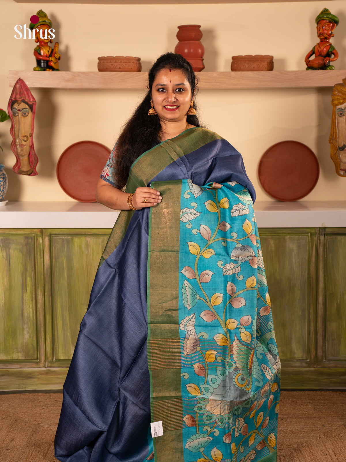 Dark Blue & Teal - Tussar Saree - Shop on Shrus.com