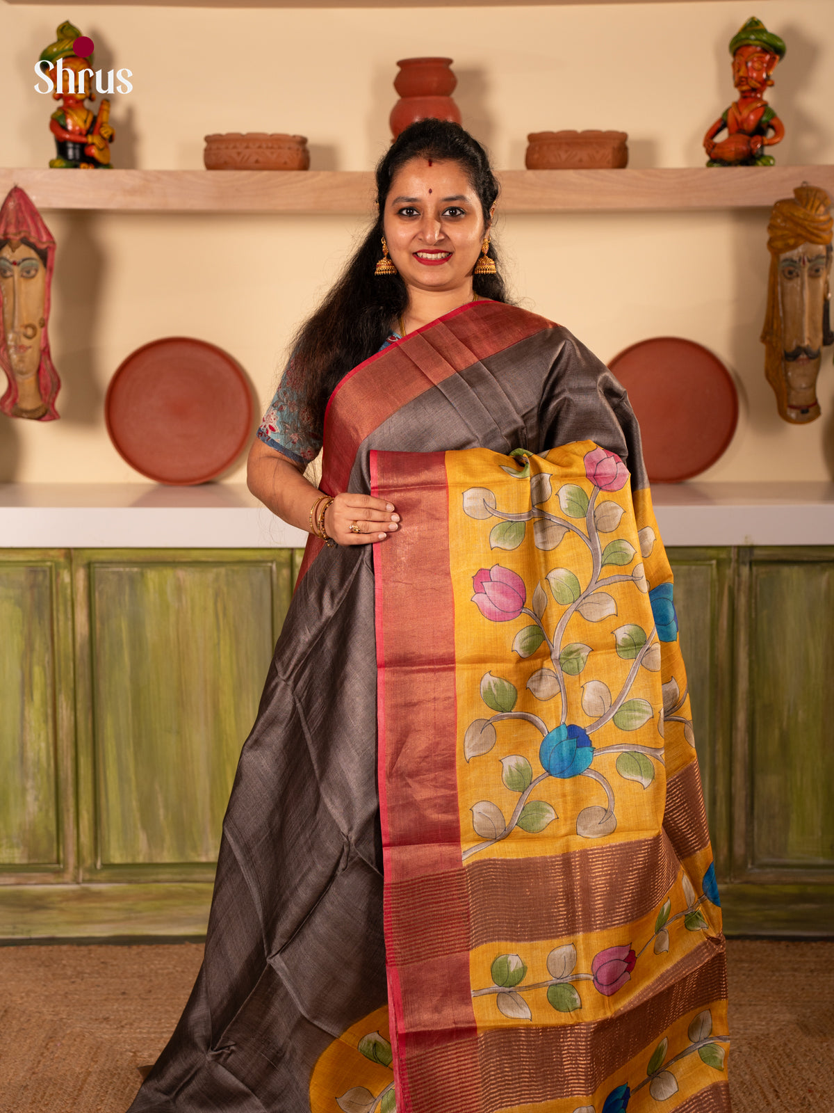 Grey & Mustard- Tussar Saree - Shop on Shrus.com