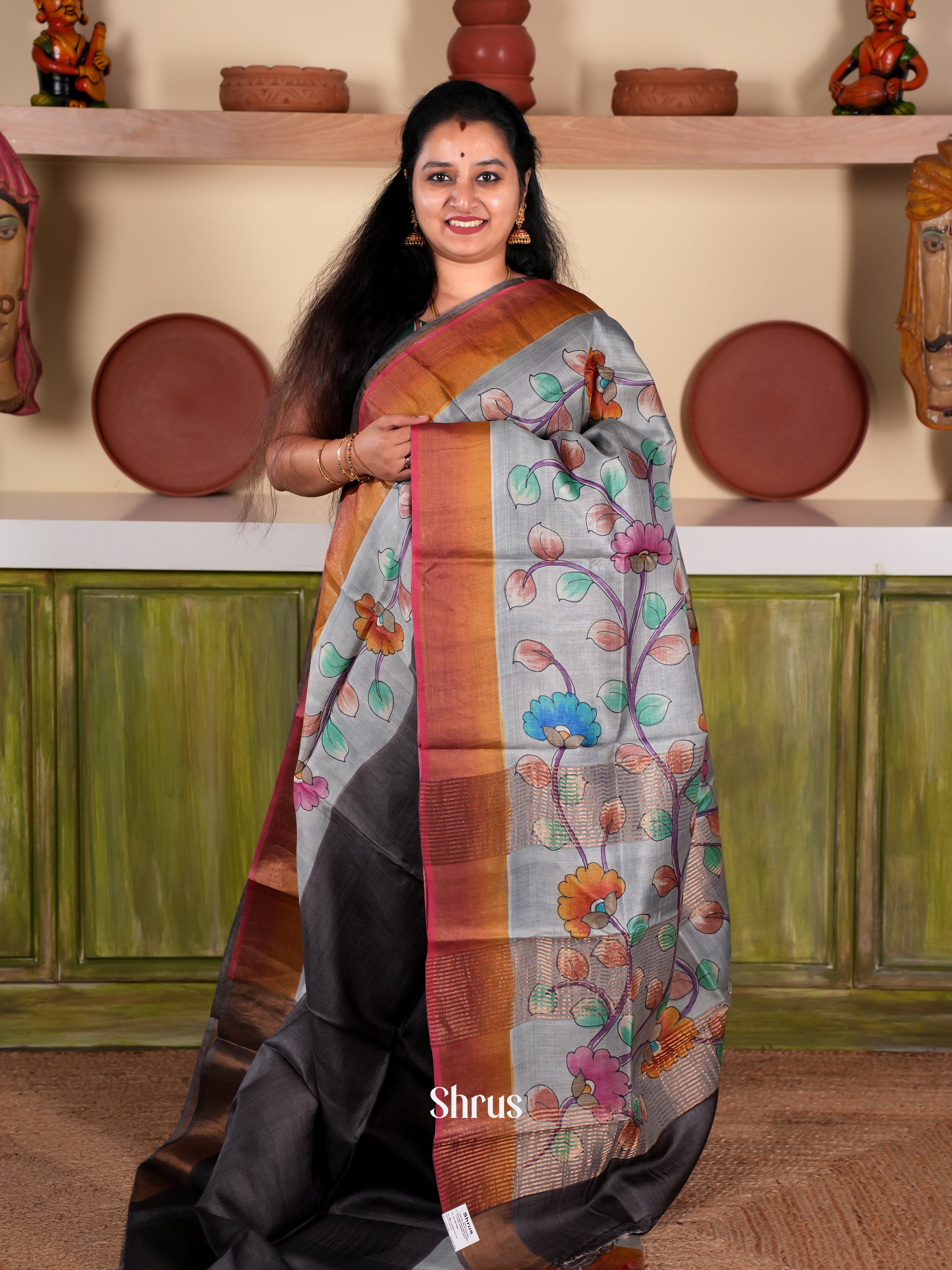 Black & Grey - Tussar Saree - Shop on Shrus.com