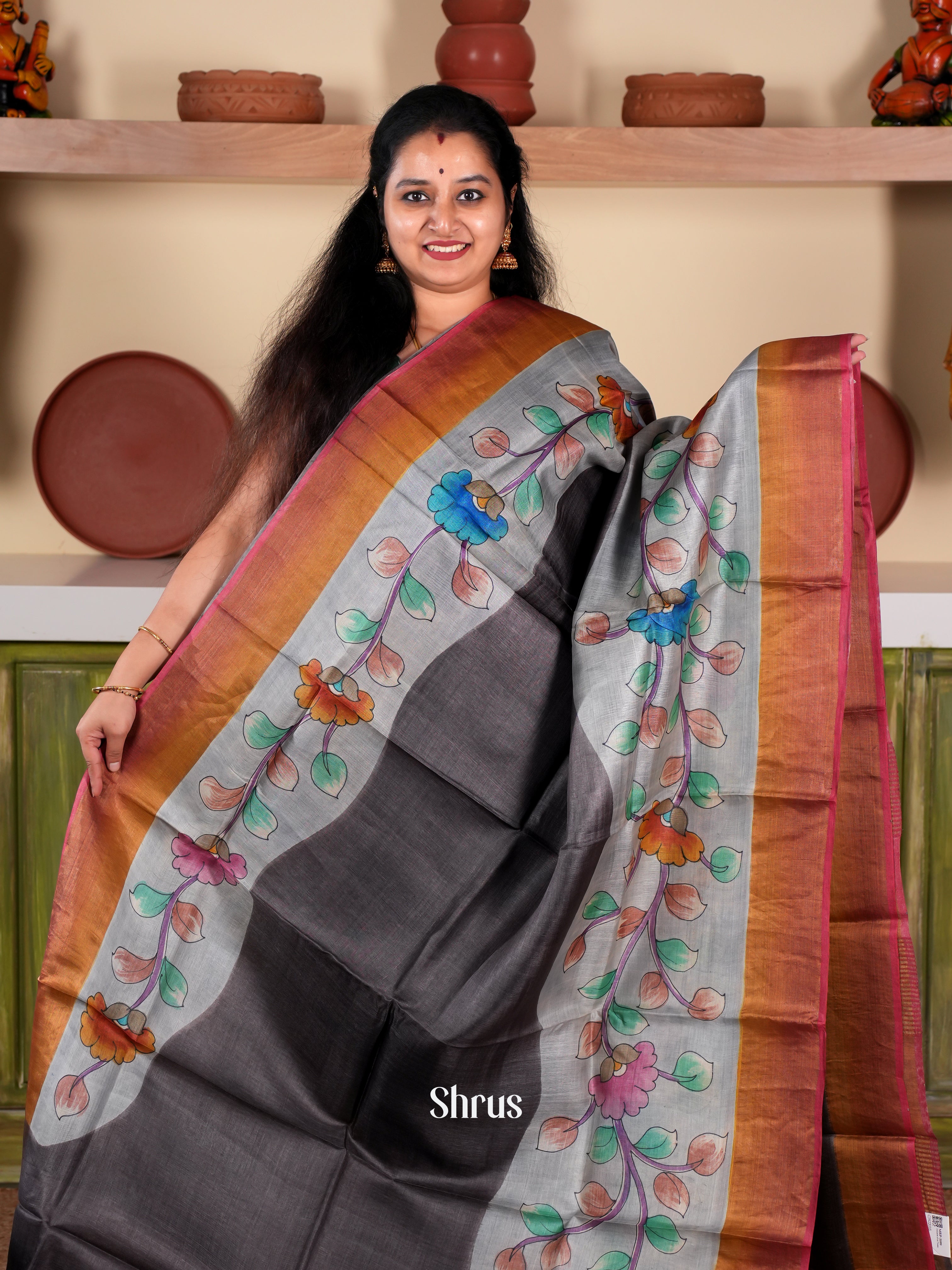 Black & Grey - Tussar Saree - Shop on Shrus.com