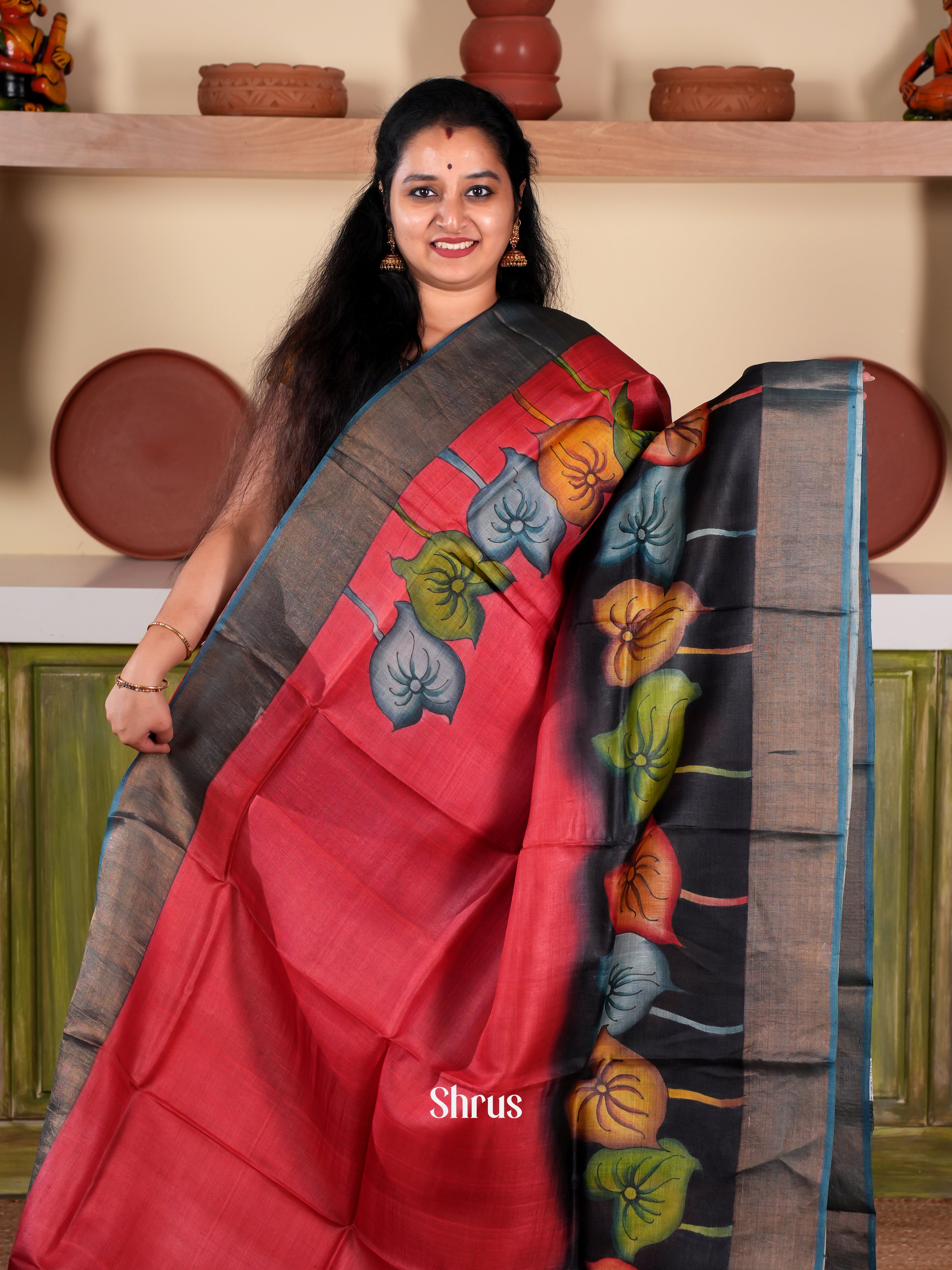Red & Black - Tussar Saree - Shop on Shrus.com