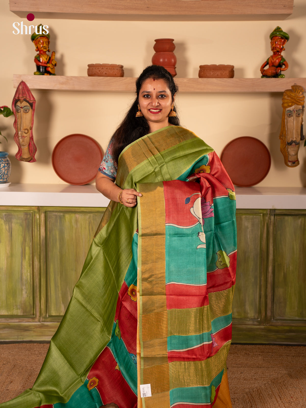 Green & Mustard - Tussar Saree - Shop on Shrus.com