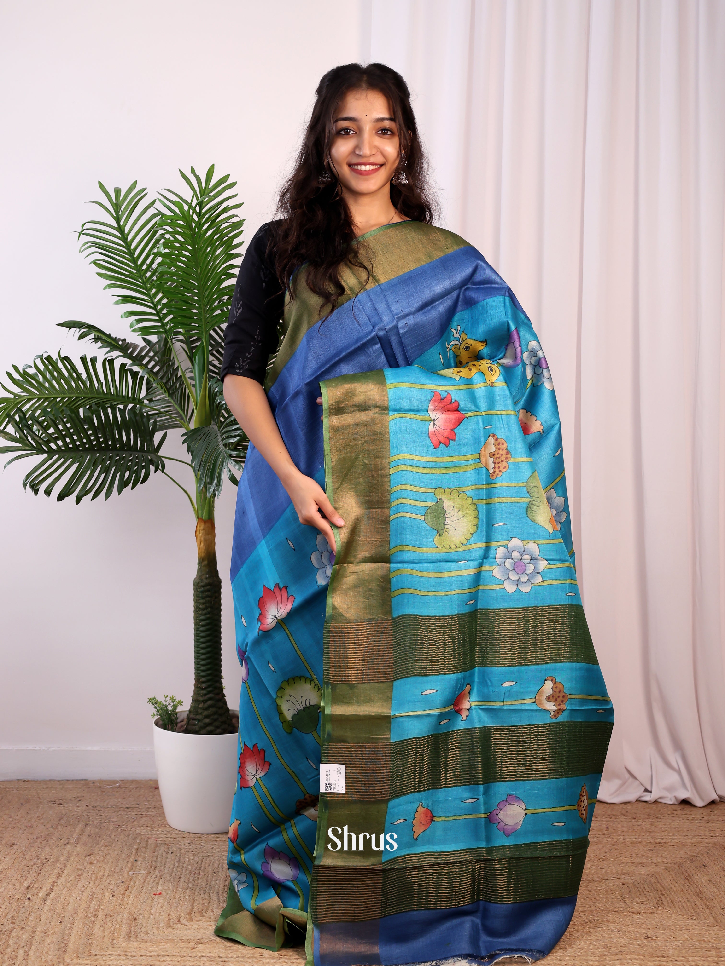 Blue & Green- Tussar Saree - Shop on Shrus.com