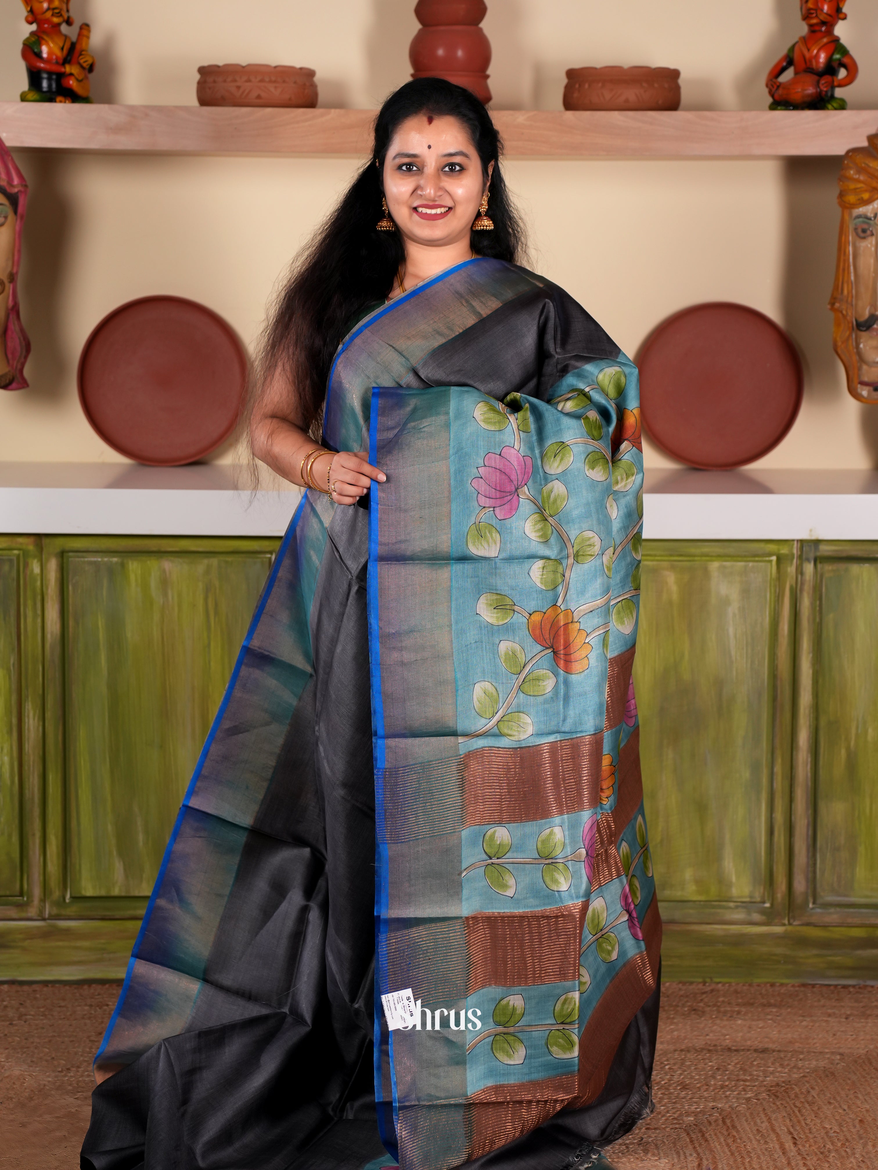 Black & Blue- Tussar Saree - Shop on Shrus.com