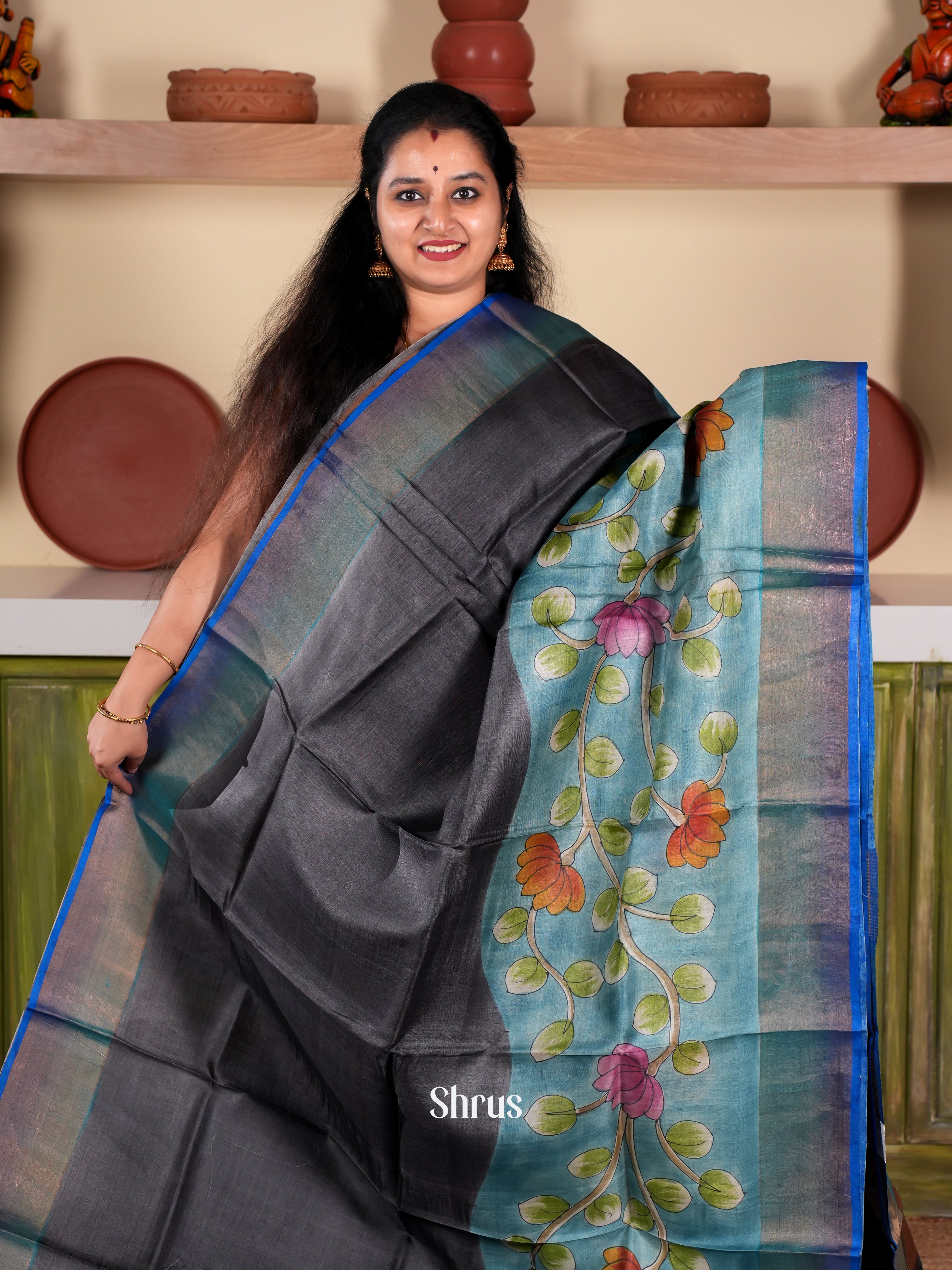 Black & Blue- Tussar Saree - Shop on Shrus.com