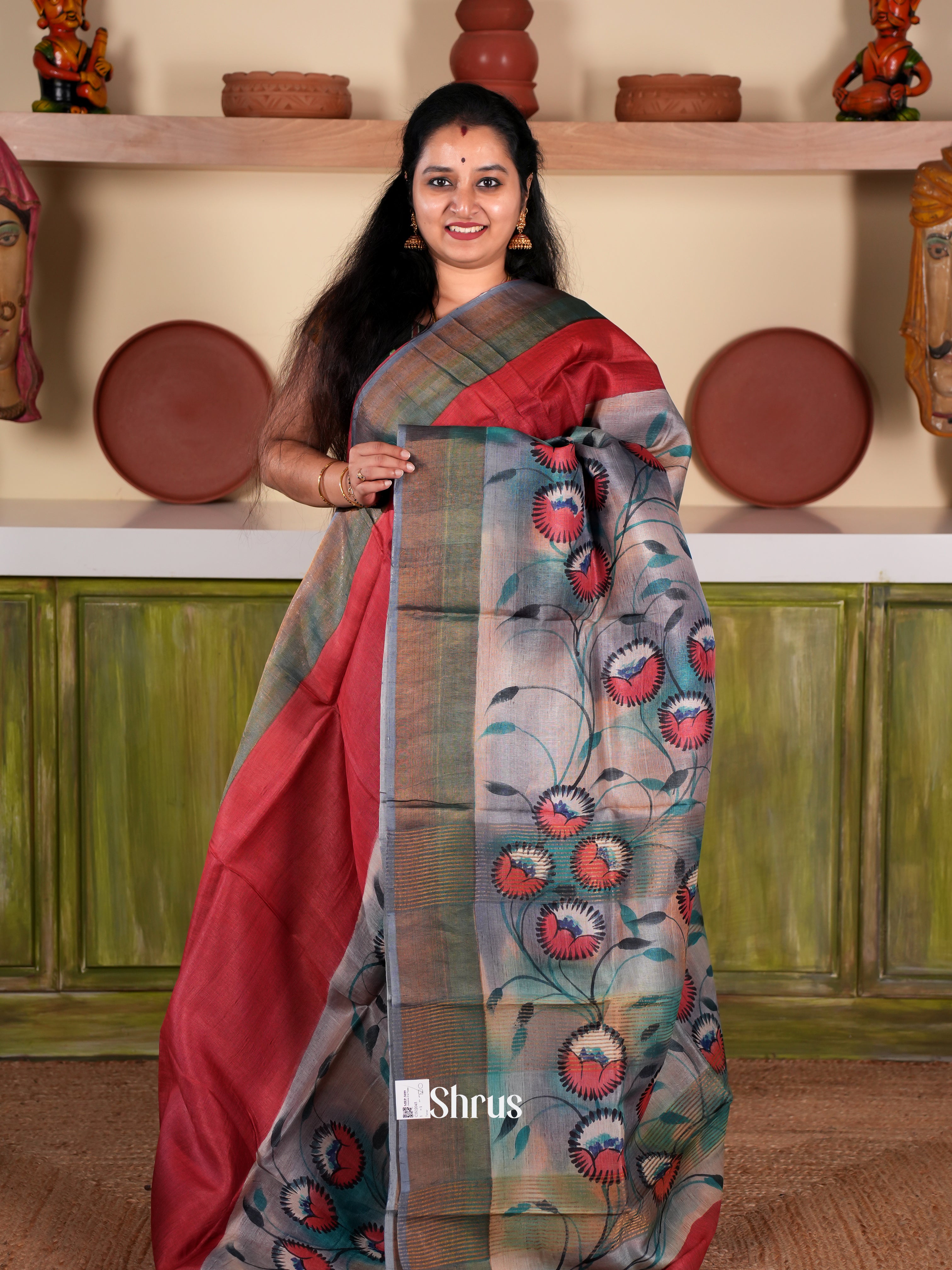 Red & Green- Tussar Saree - Shop on Shrus.com