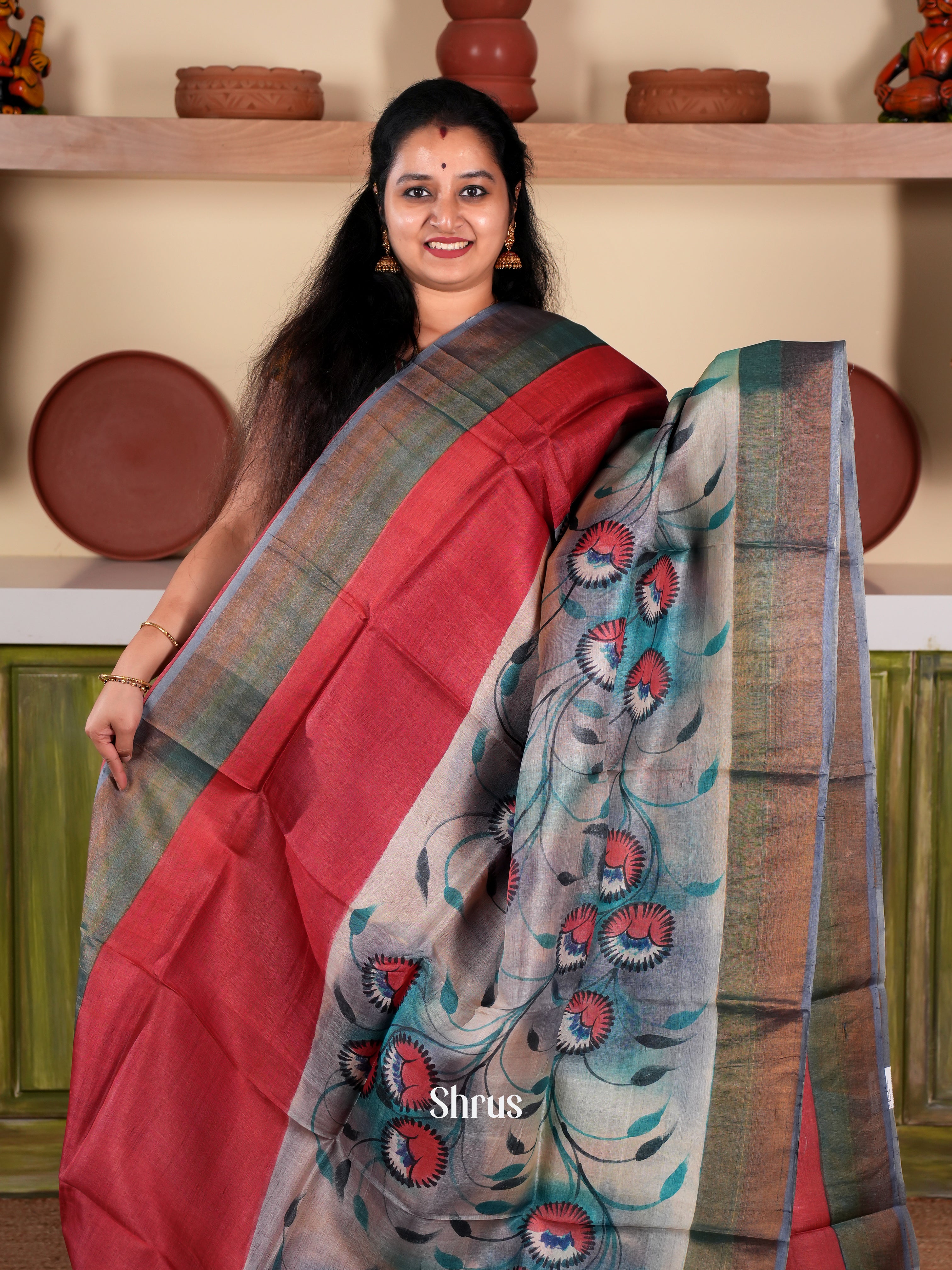 Red & Green- Tussar Saree - Shop on Shrus.com