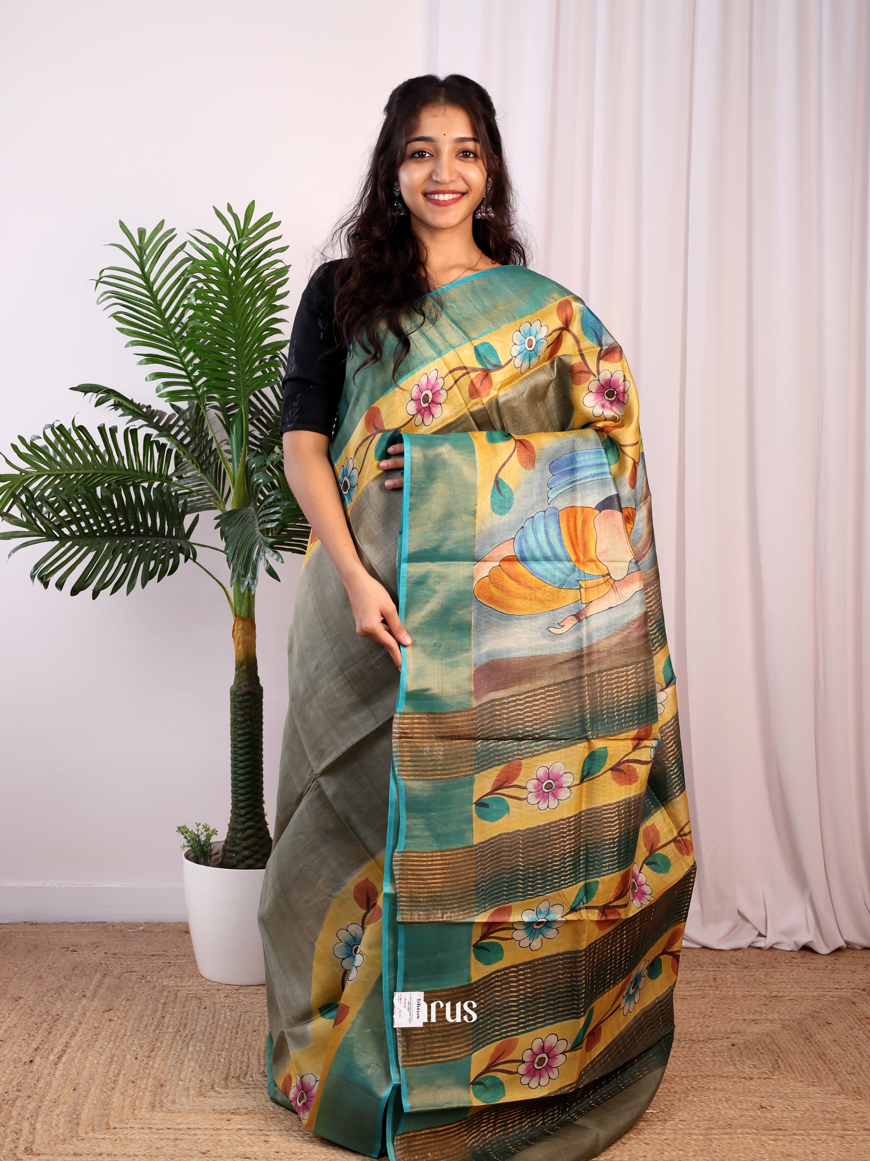 Grey & Blue - Tussar Saree - Shop on Shrus.com