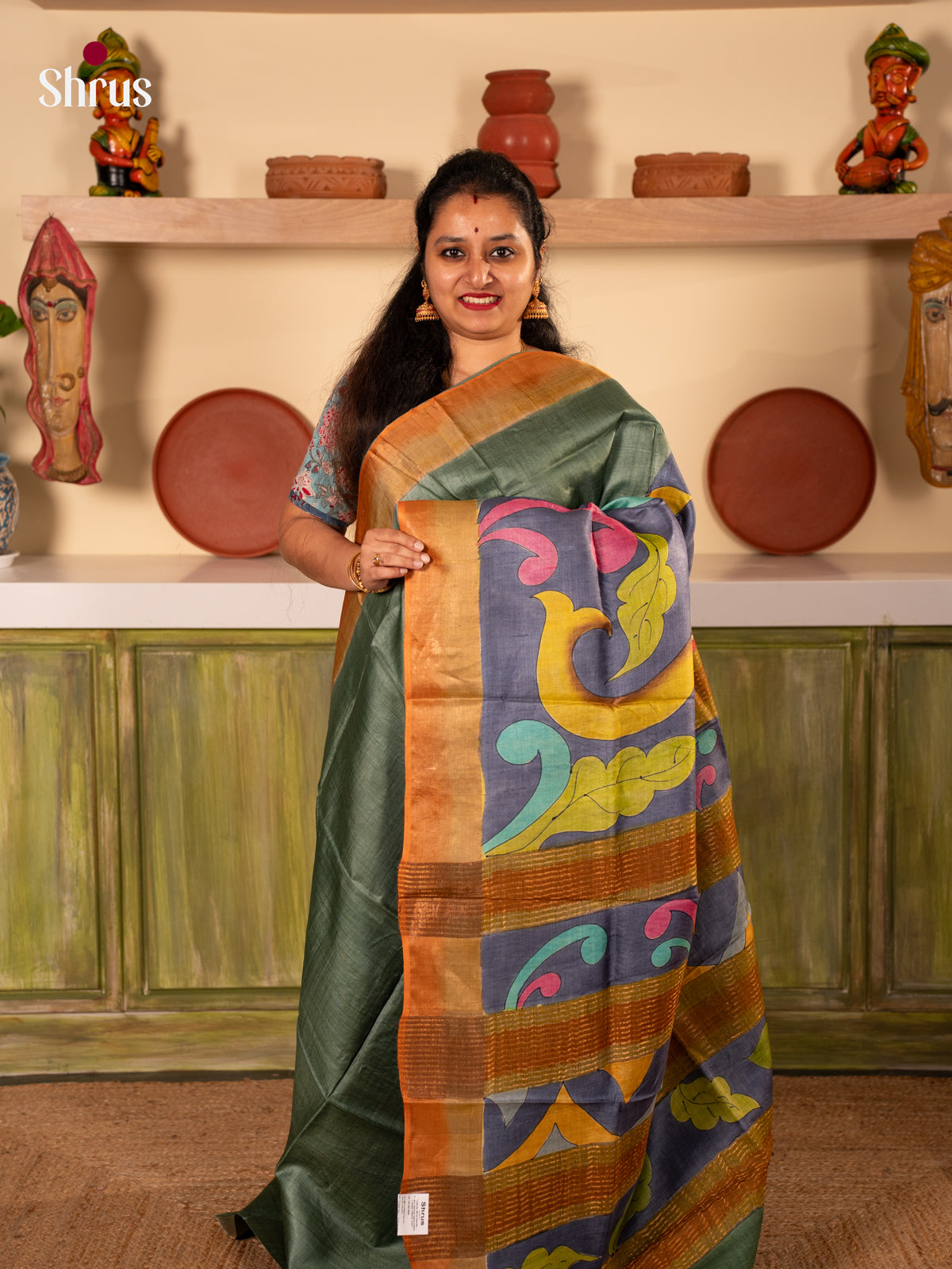 Green & Brown- Tussar Saree - Shop on Shrus.com