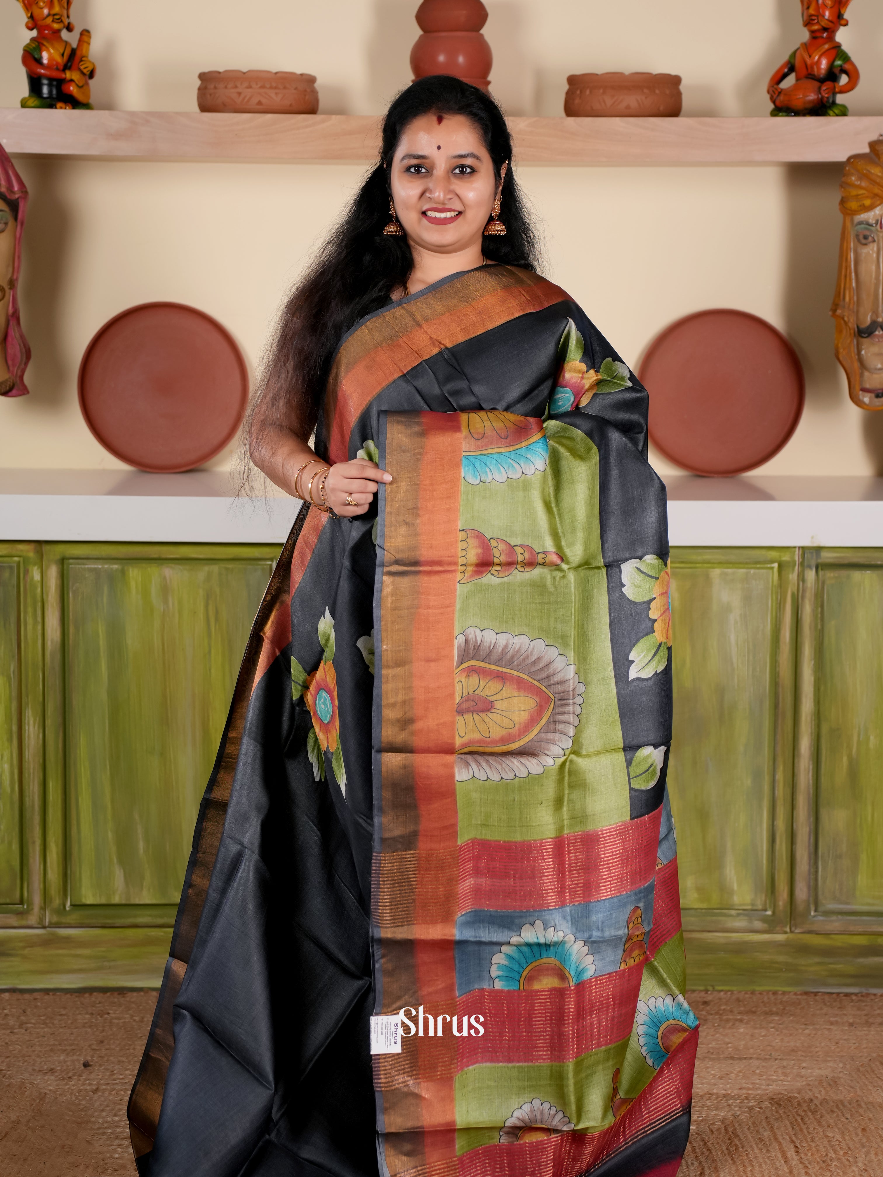 Black & Green- Tussar Silk Saree - Shop on Shrus.com