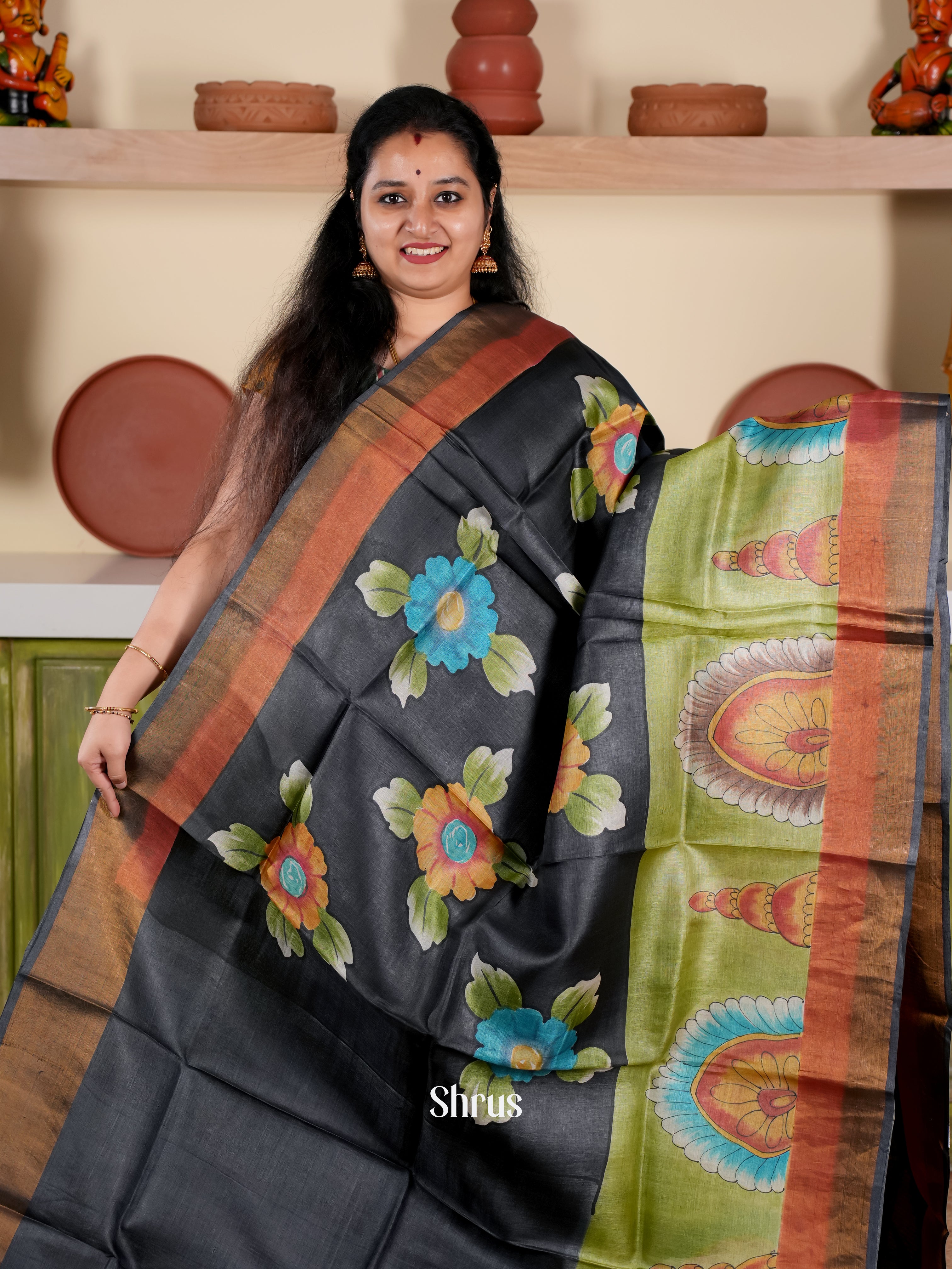 Black & Green- Tussar Silk Saree - Shop on Shrus.com
