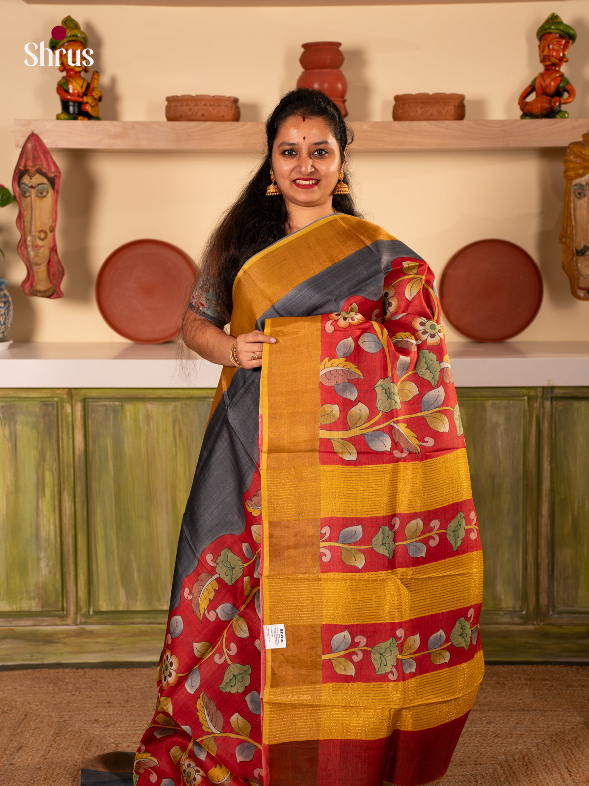 Grey & Red - Tussar Silk Saree - Shop on Shrus.com