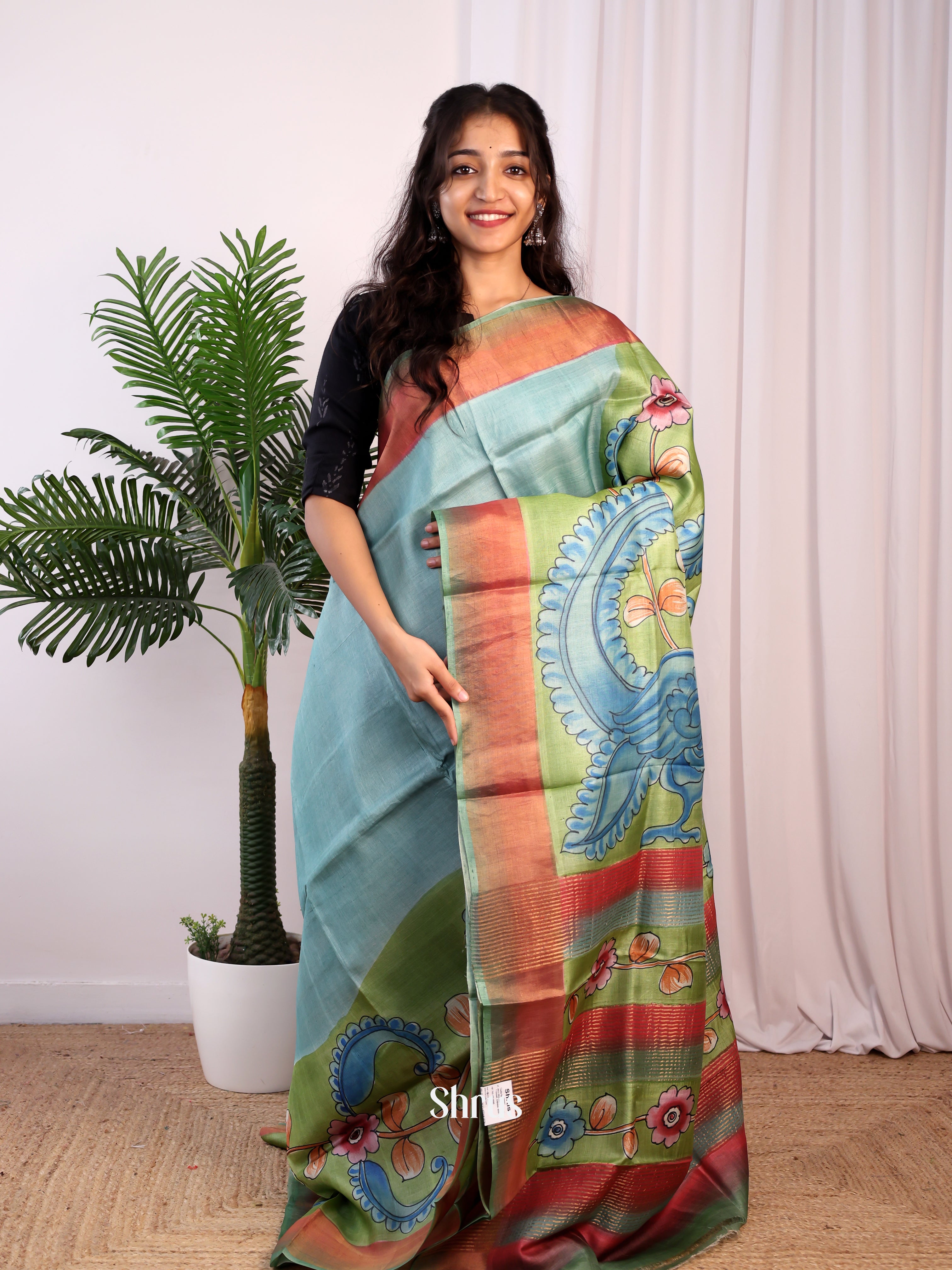 Blue & Green - Tussar Saree - Shop on Shrus.com