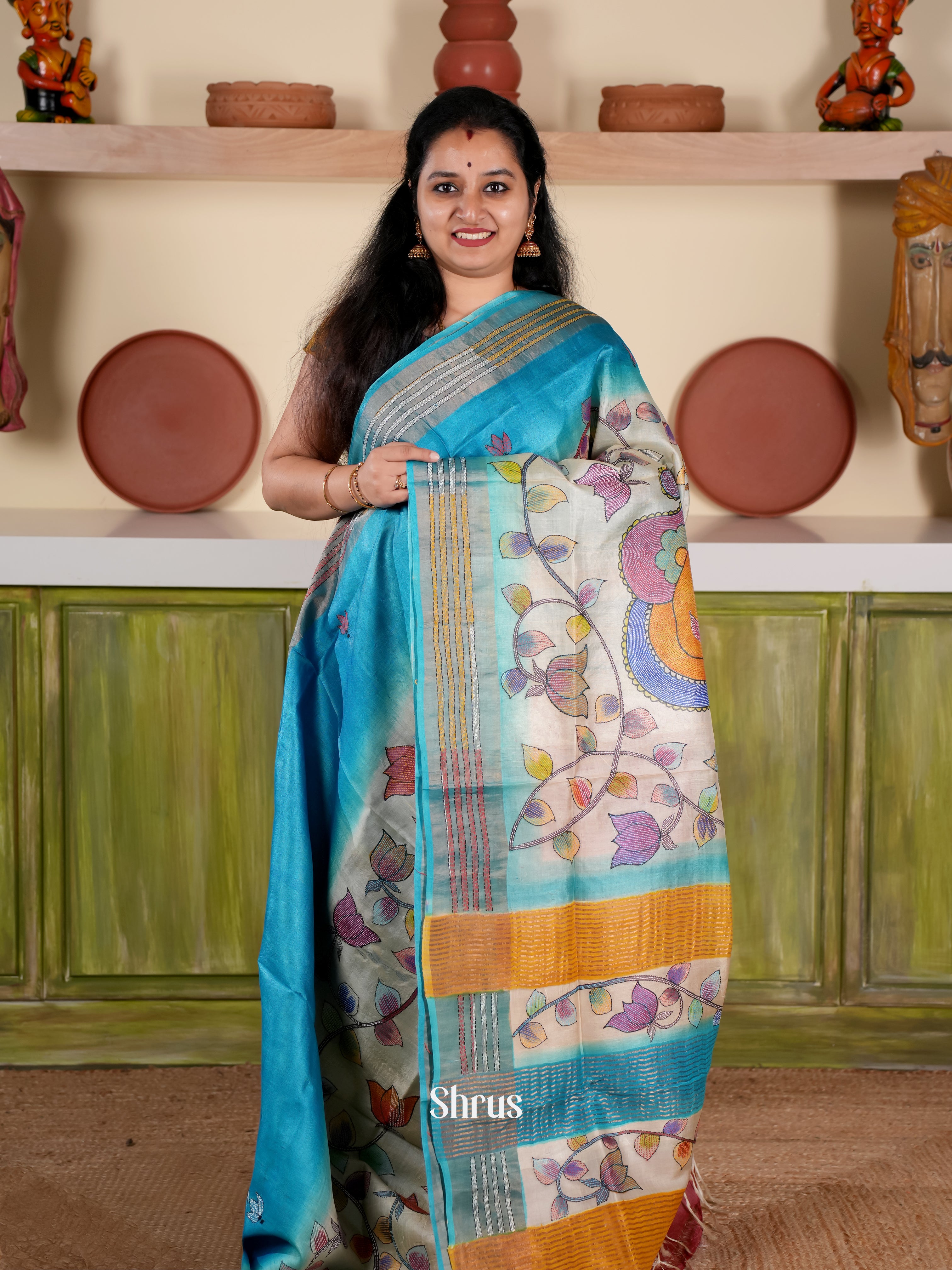 Blue & Cream - Tussar Saree - Shop on Shrus.com
