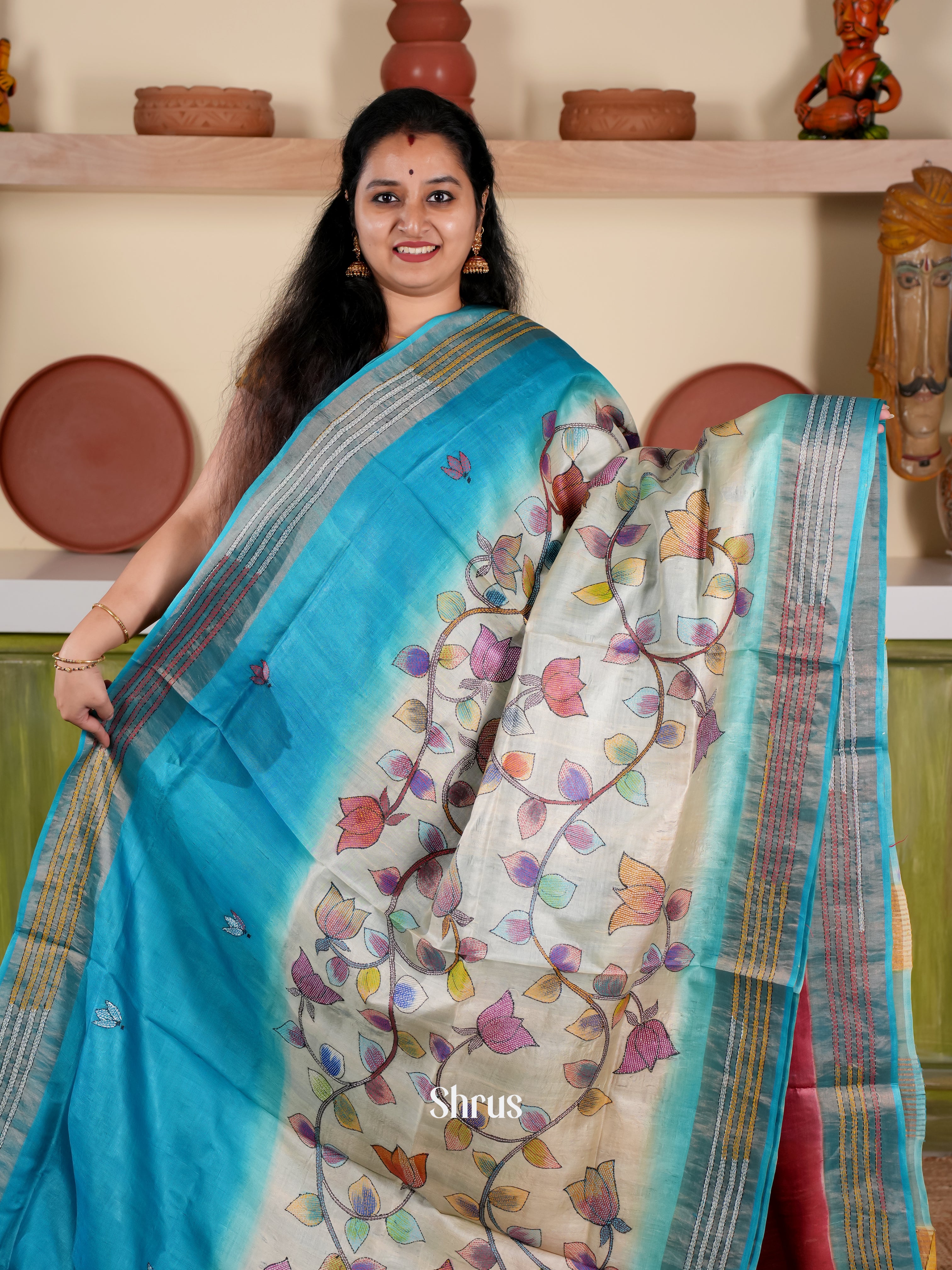 Blue & Cream - Tussar Saree - Shop on Shrus.com